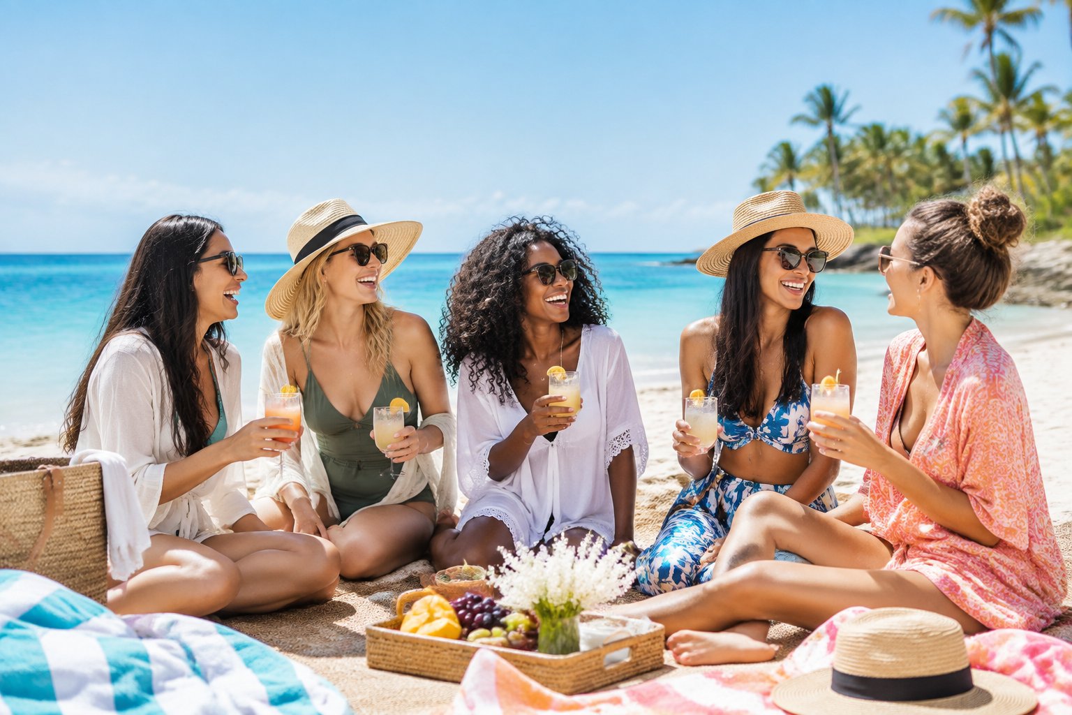 A group of friends celebrating together on a sunny tropical beach.
