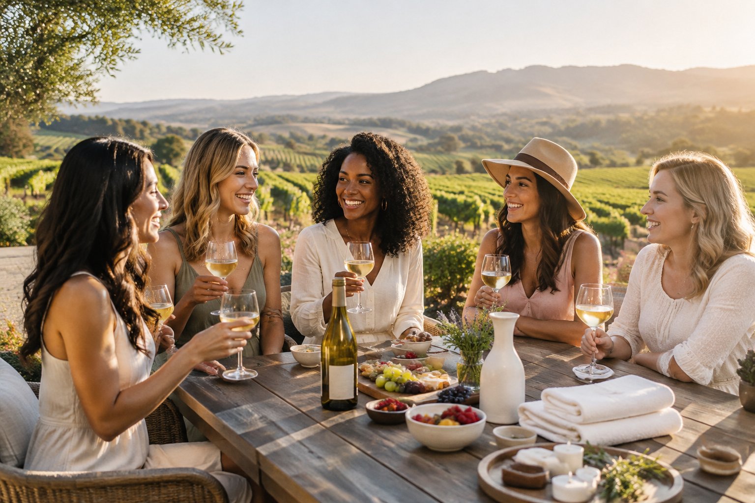 A group of friends enjoying wine and a relaxing celebration on a sunny vineyard terrace.