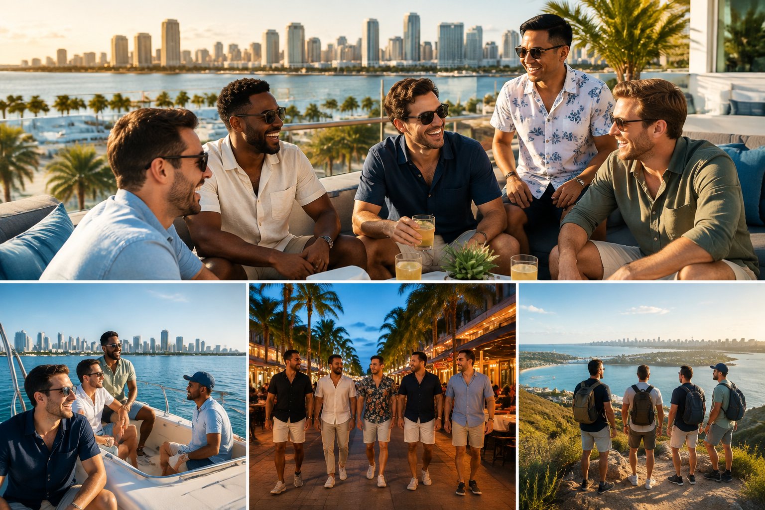 A group of friends enjoying a celebratory getaway at a sunny coastal city destination.