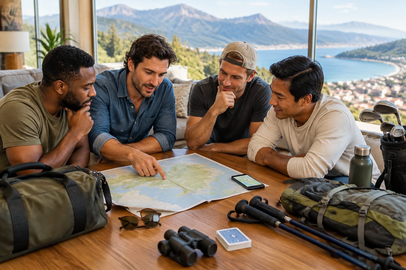Friends compare nearby getaway options while planning a three-day bachelor party.