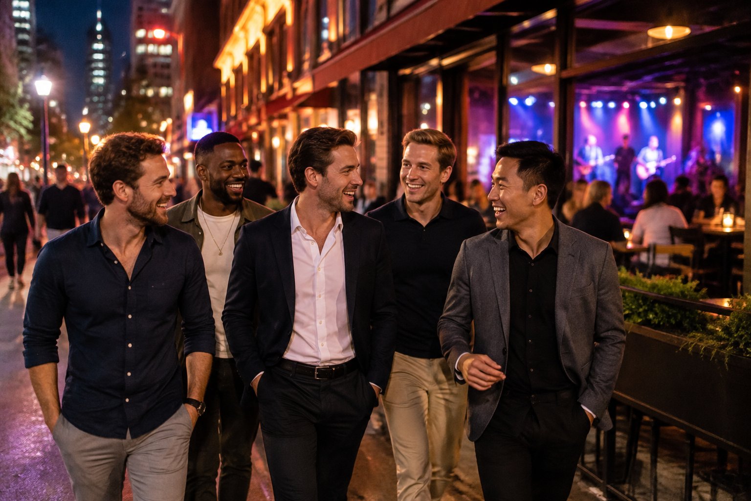 A group of friends walking through a lively city nightlife district near a live-music venue.