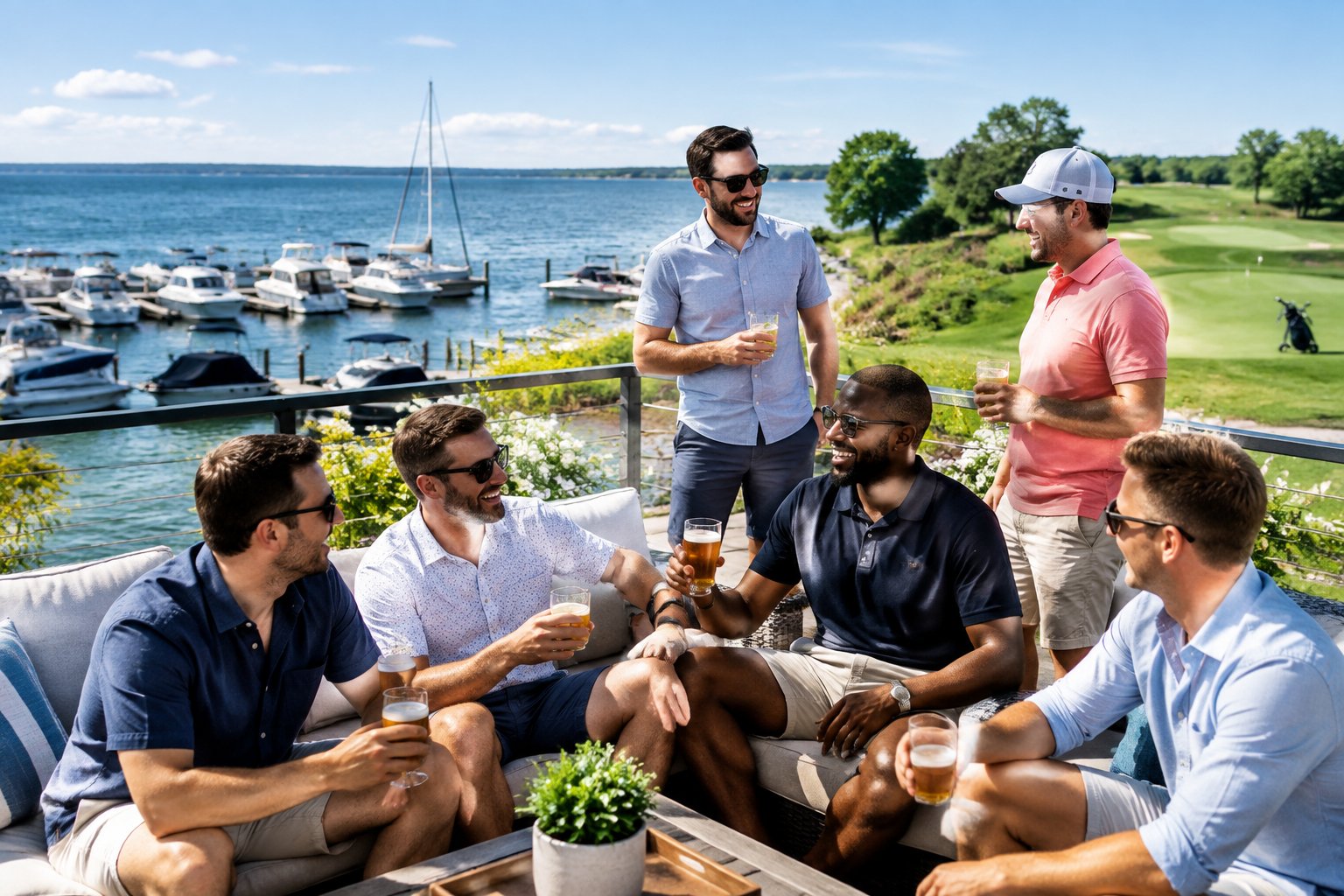 A group of adult friends enjoying a lakeside bachelor party celebration near Sodus.