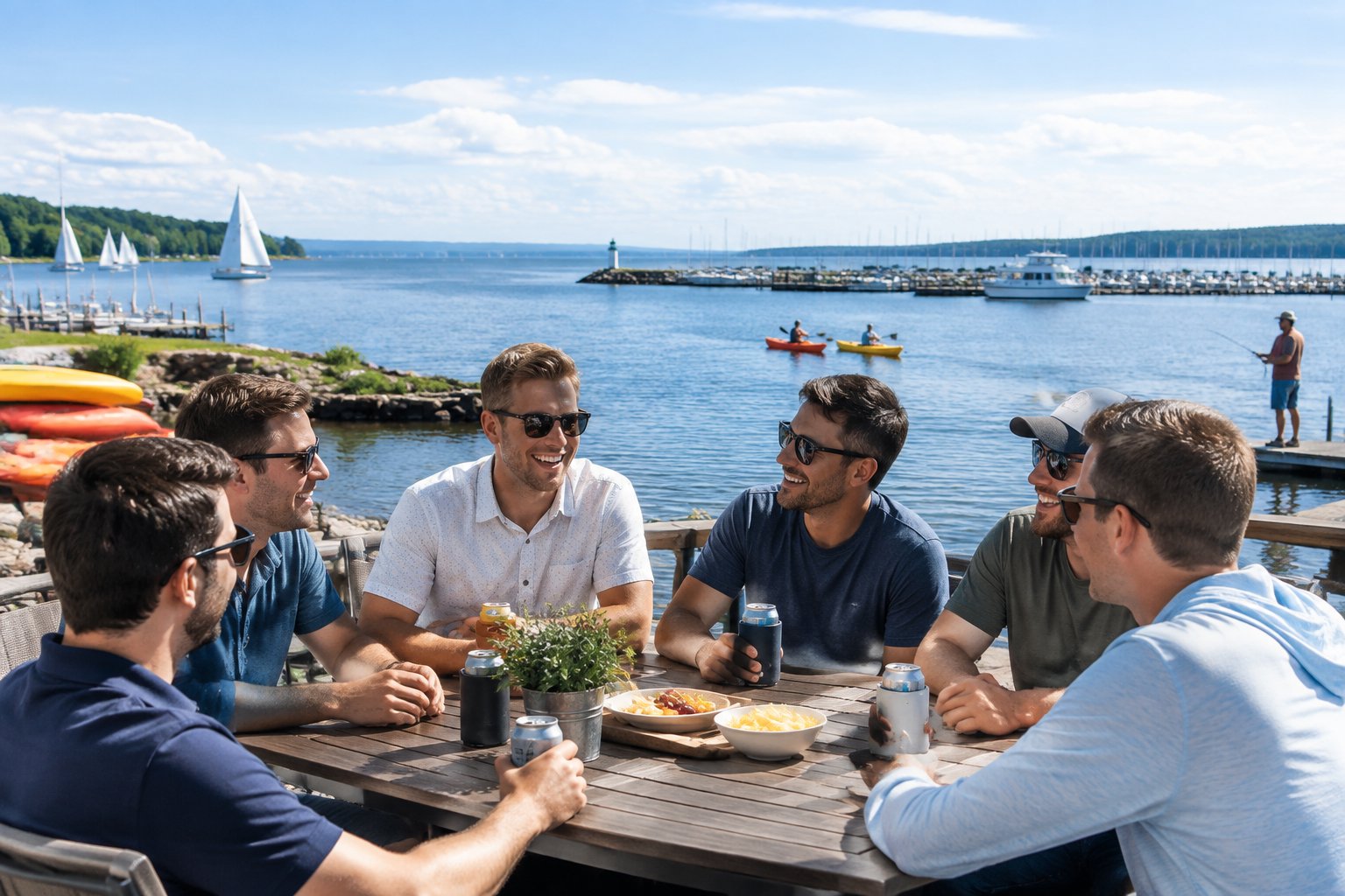 A group of friends enjoying a relaxed waterfront gathering by a marina in Sodus.