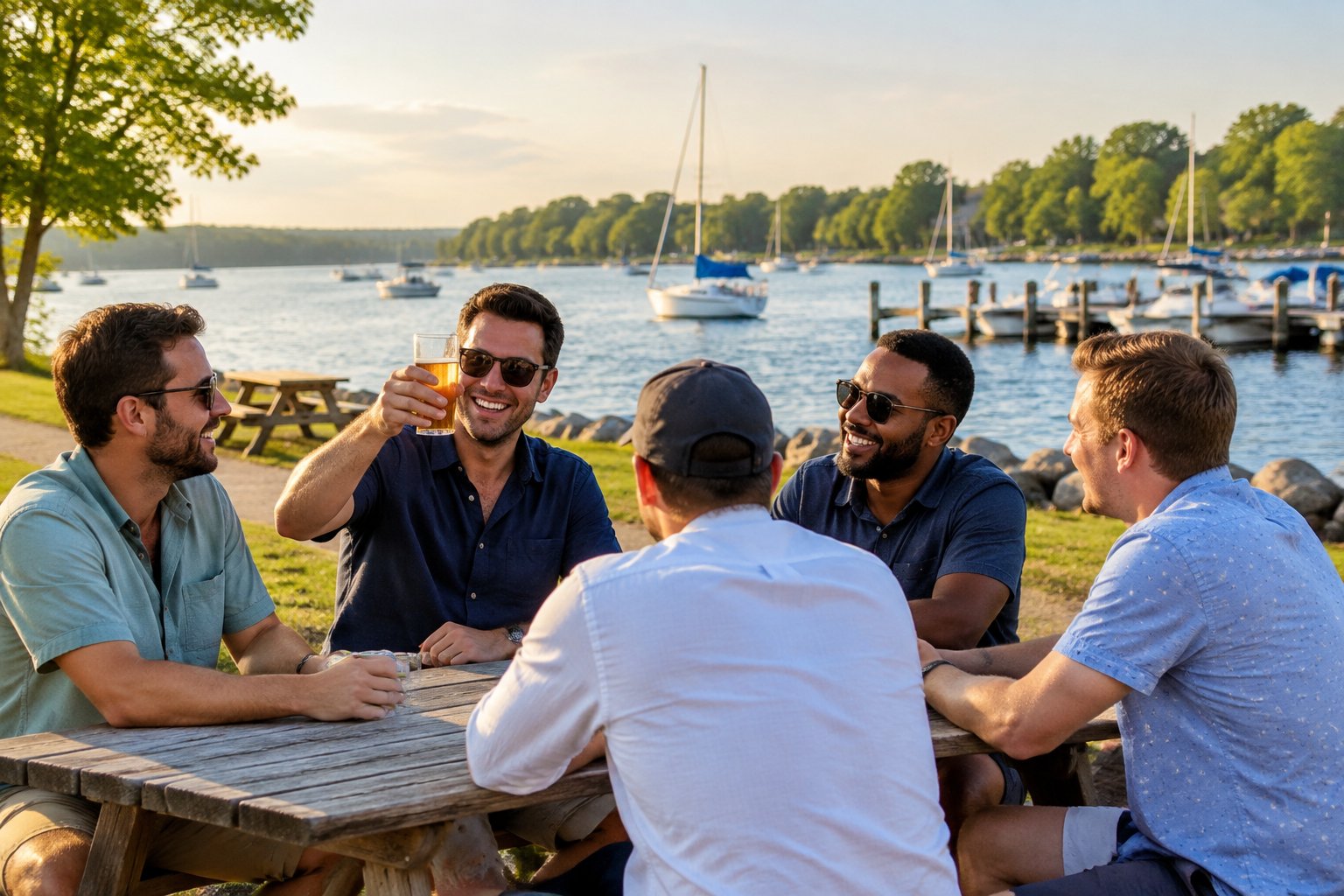 A group of friends enjoying a sunny waterfront outing beside boats near Sodus Bay.