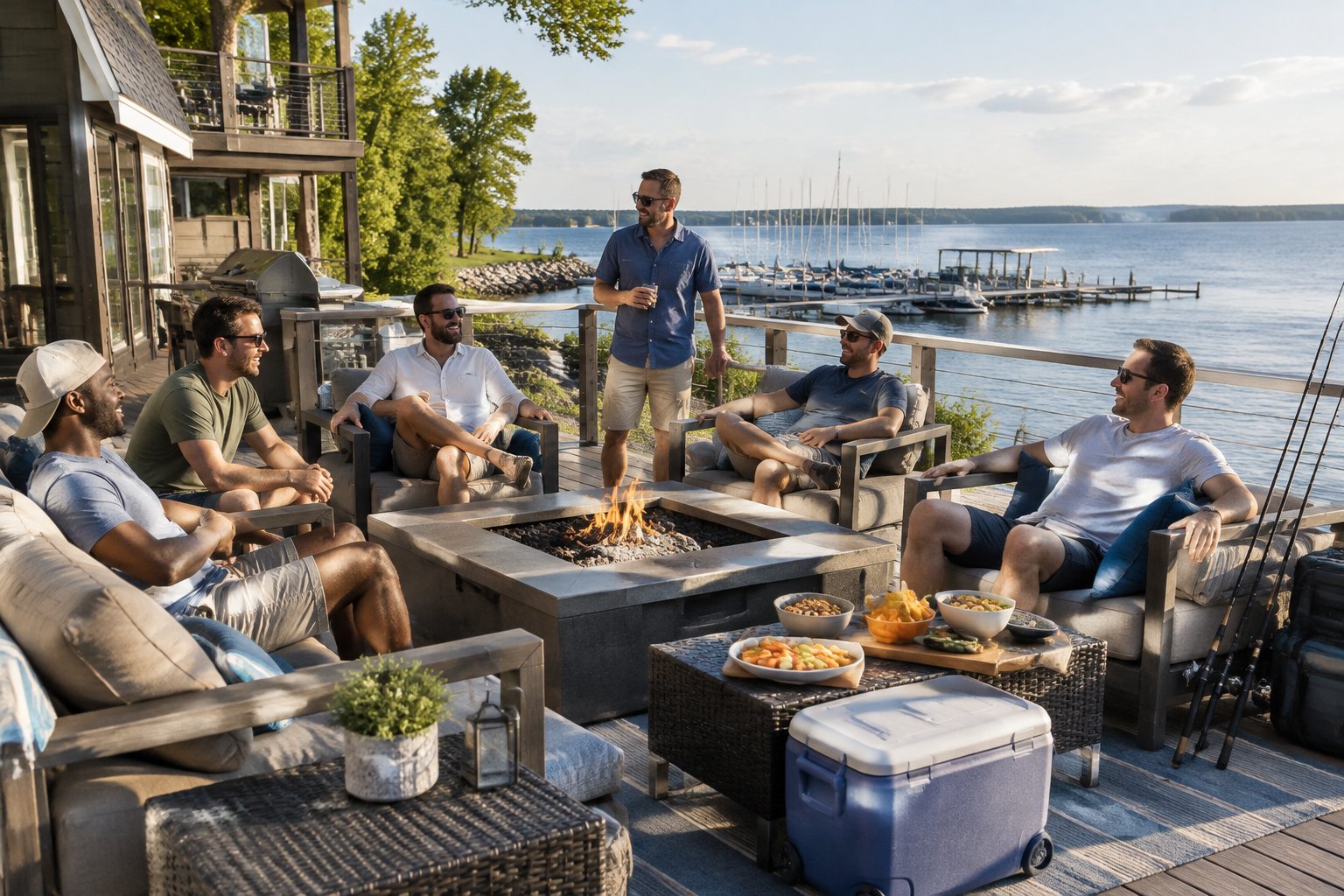 A group of friends relaxes outside a lakeside vacation rental overlooking Sodus Bay.