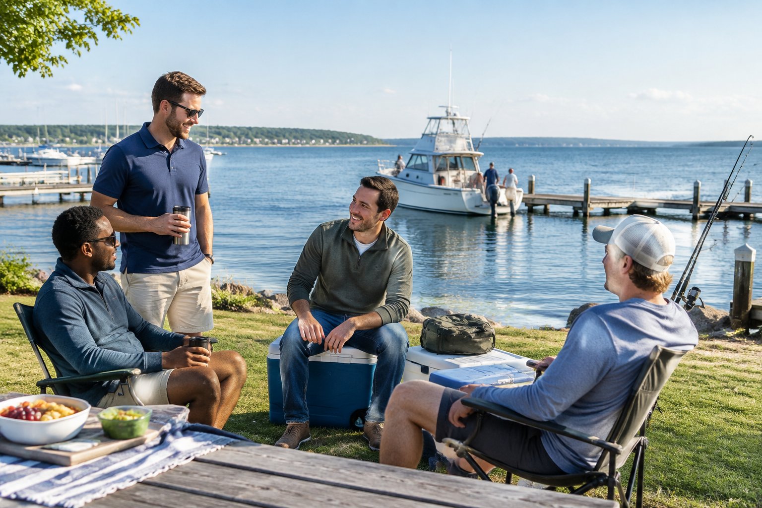 A group of friends enjoying a relaxed weekend gathering beside the Sodus waterfront.