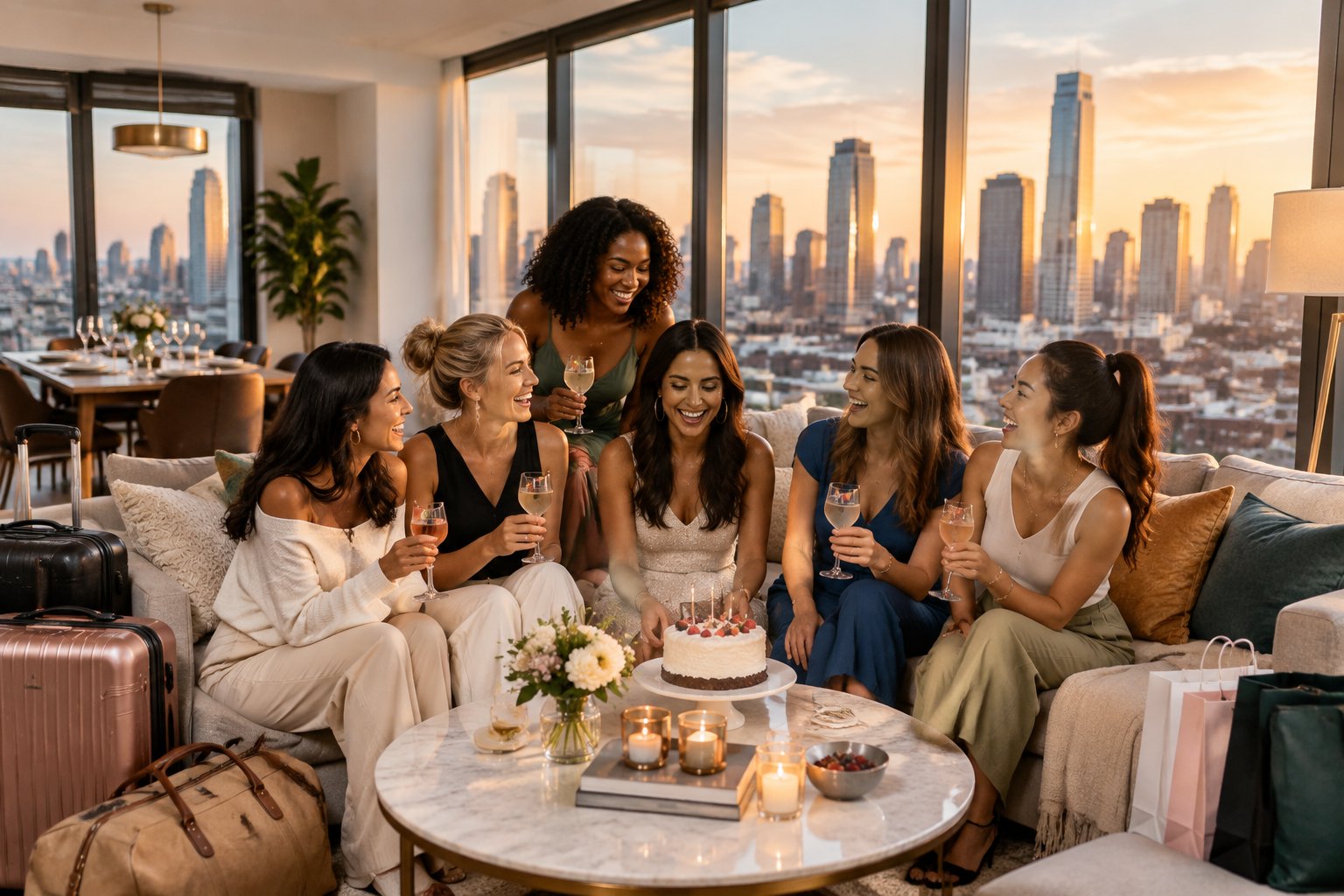 A group of women friends celebrating together in a stylish apartment overlooking a city skyline.