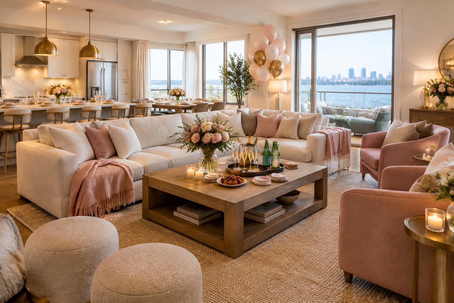 A stylish apartment living area arranged for a group celebration, with comfortable seating, flowers, refreshments, and a glimpse of the kitchen.