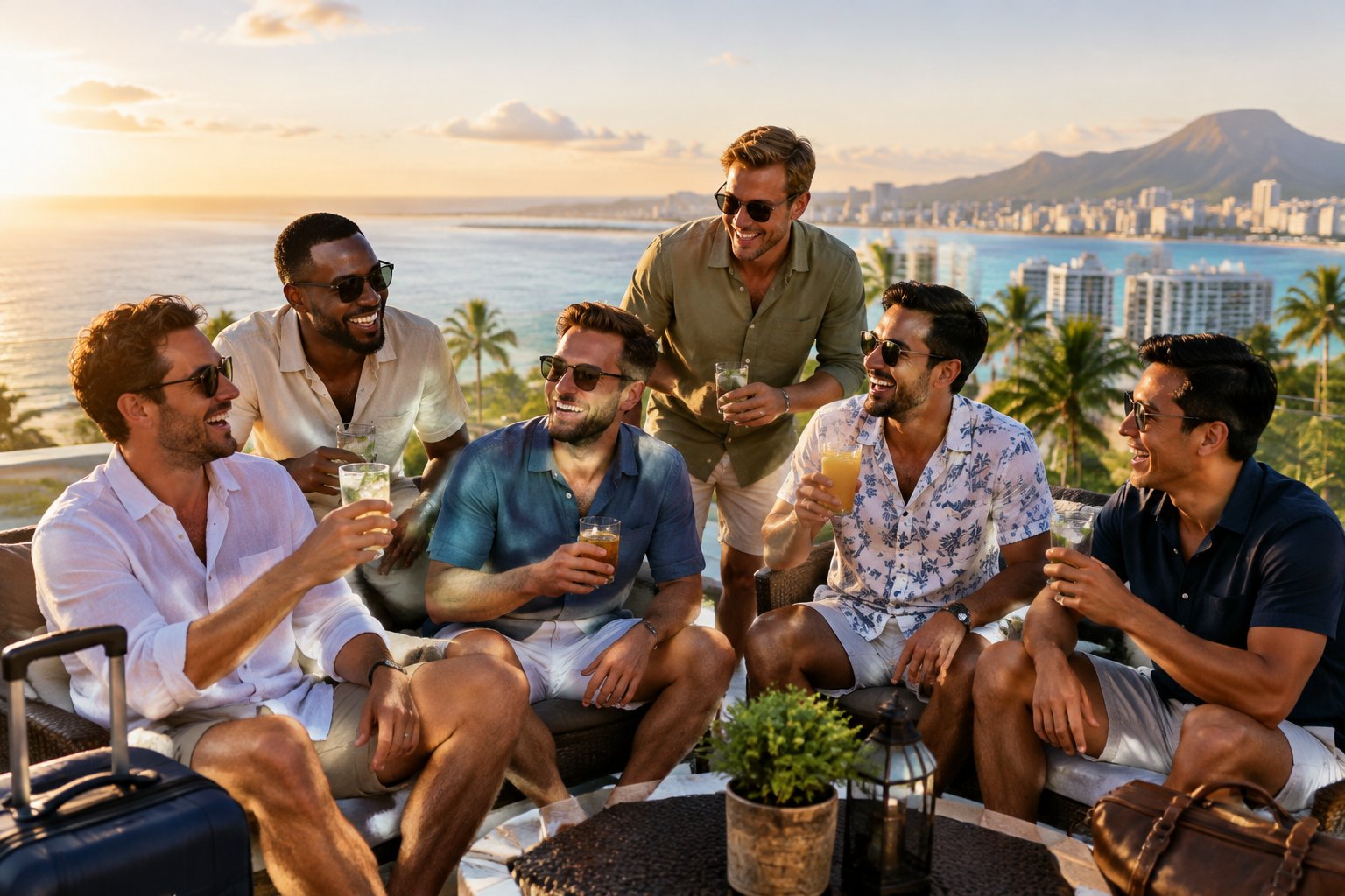 A group of friends celebrating on a rooftop terrace overlooking a sunny coastal city.