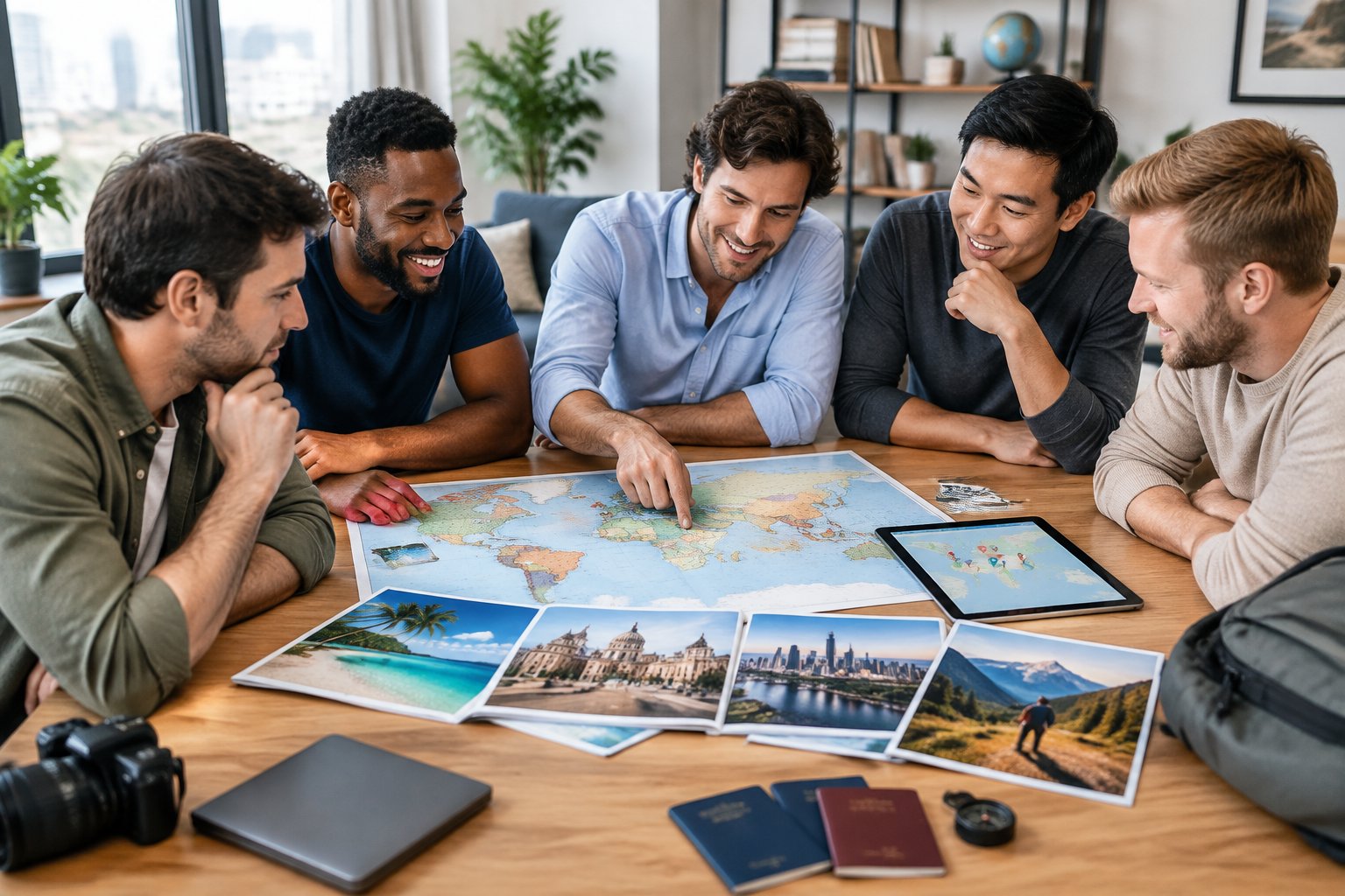 A group of friends compares worldwide travel destinations around a table using maps and travel materials.