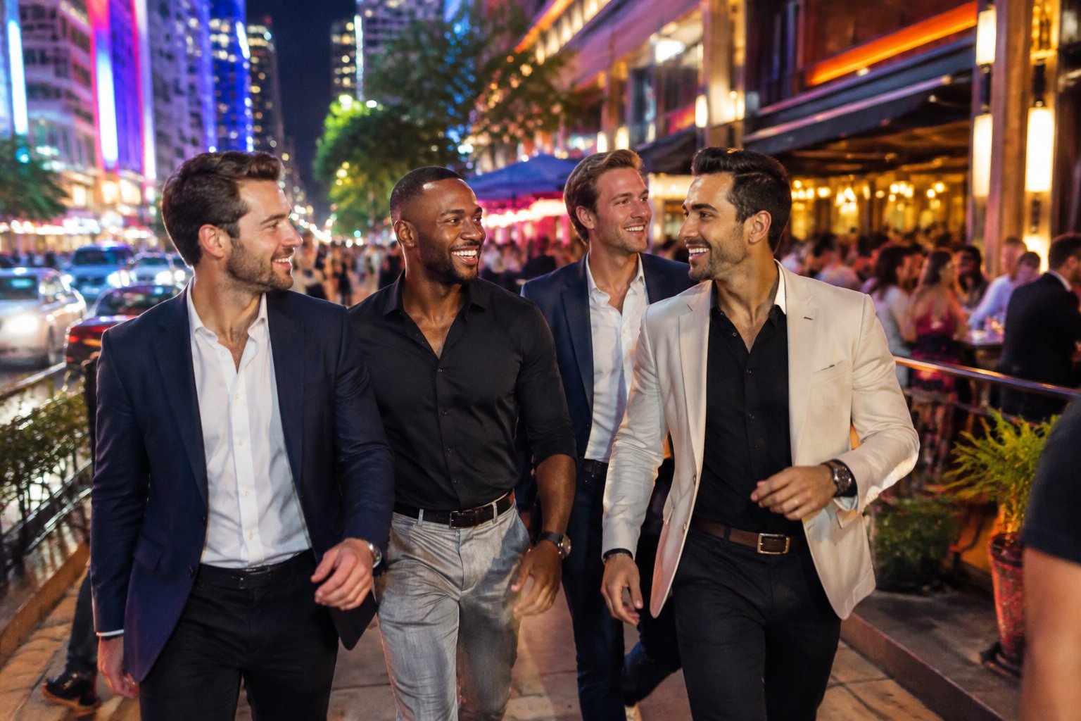 A group of friends enjoying a lively evening in a brightly lit city nightlife district.