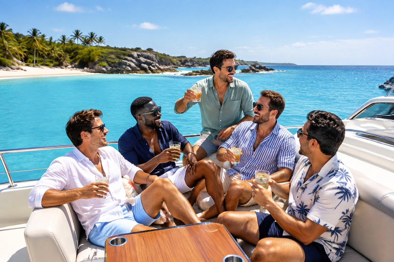 A group of friends relaxes on a yacht near a tropical beach.
