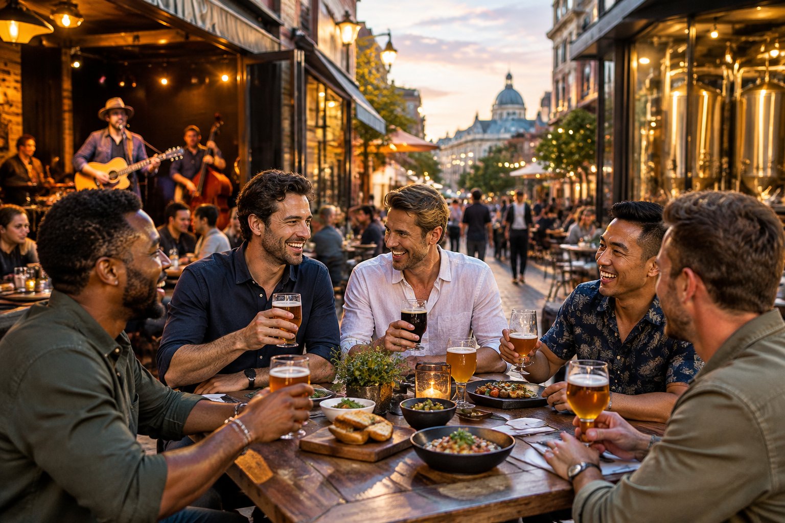 A group of friends enjoys craft beer, shared food, and live music in a lively urban nightlife district.