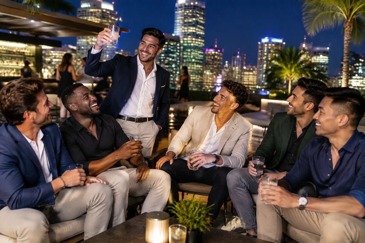 A group of friends celebrates together on a rooftop overlooking a brightly lit city at night.