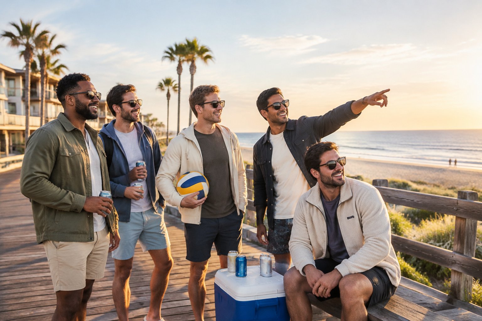 A group of friends celebrating together on a sunny coastal boardwalk near the beach.