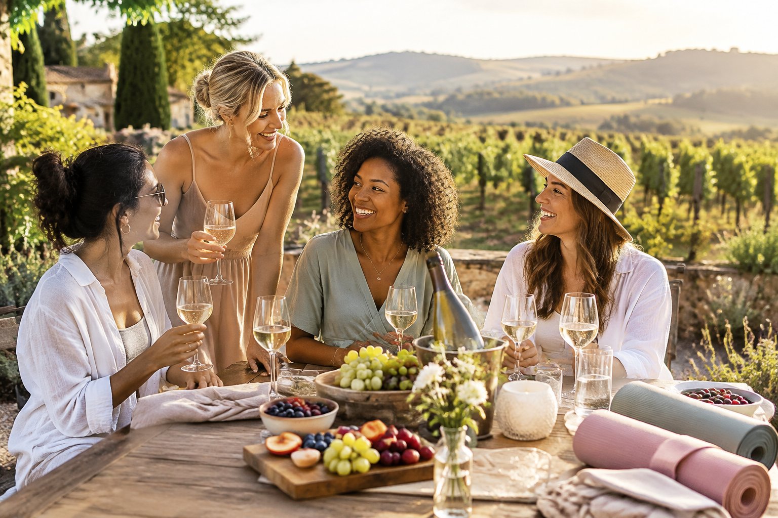 A group of women relaxes together at a vineyard retreat with wine glasses, fruit, and yoga mats.