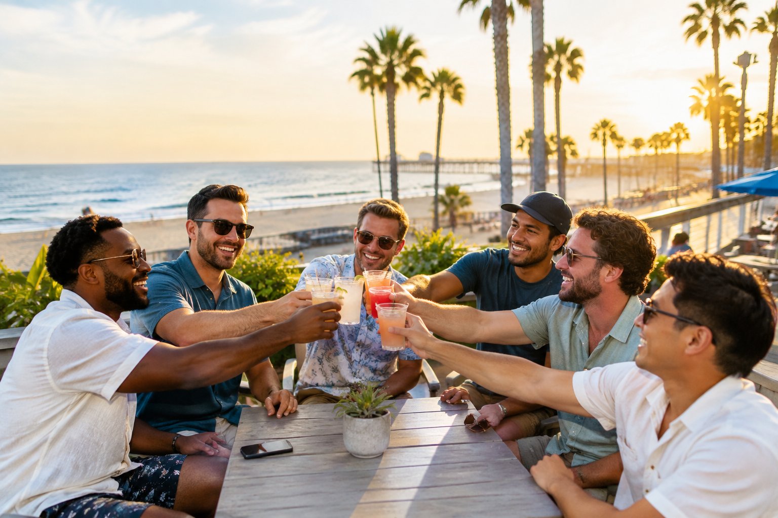 A group of friends enjoying a sunny beach destination together.
