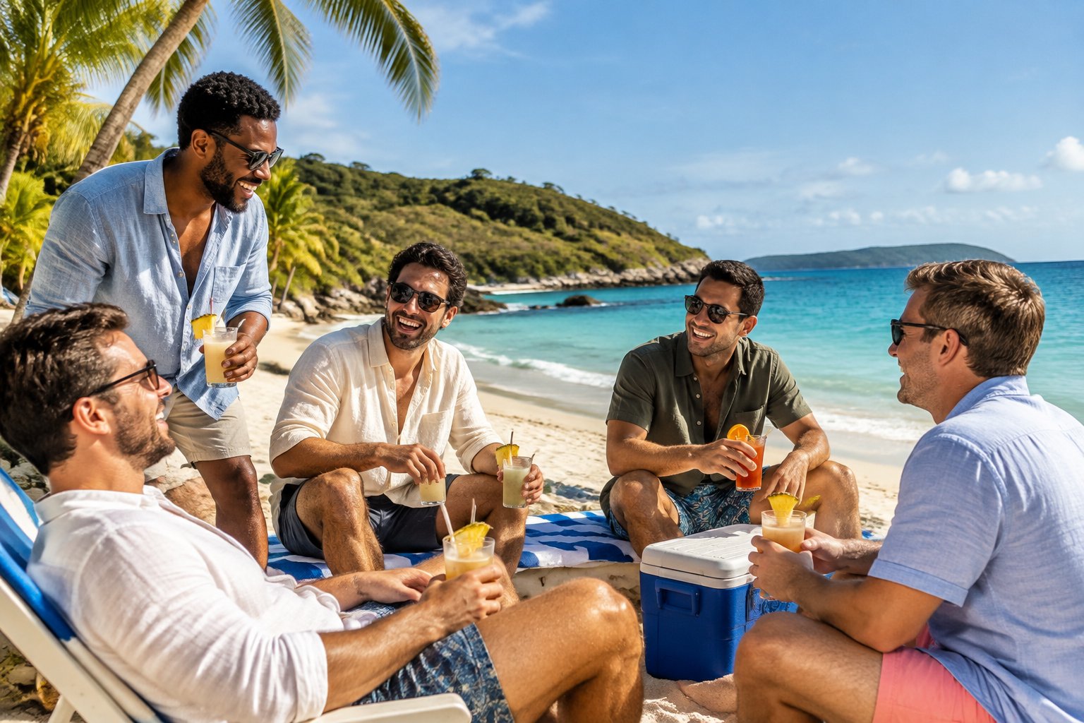 A group of friends enjoying a sunny tropical beach getaway with turquoise water and palm trees.