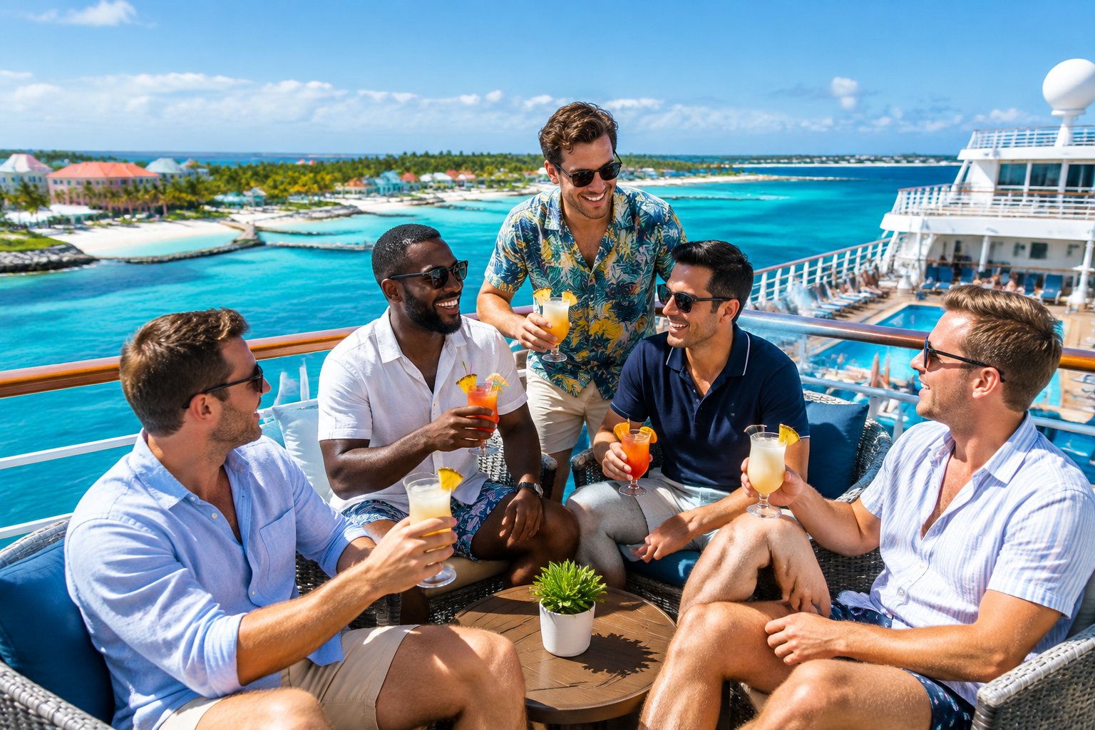 A group of friends relaxes on a cruise ship deck overlooking a tropical Caribbean island.