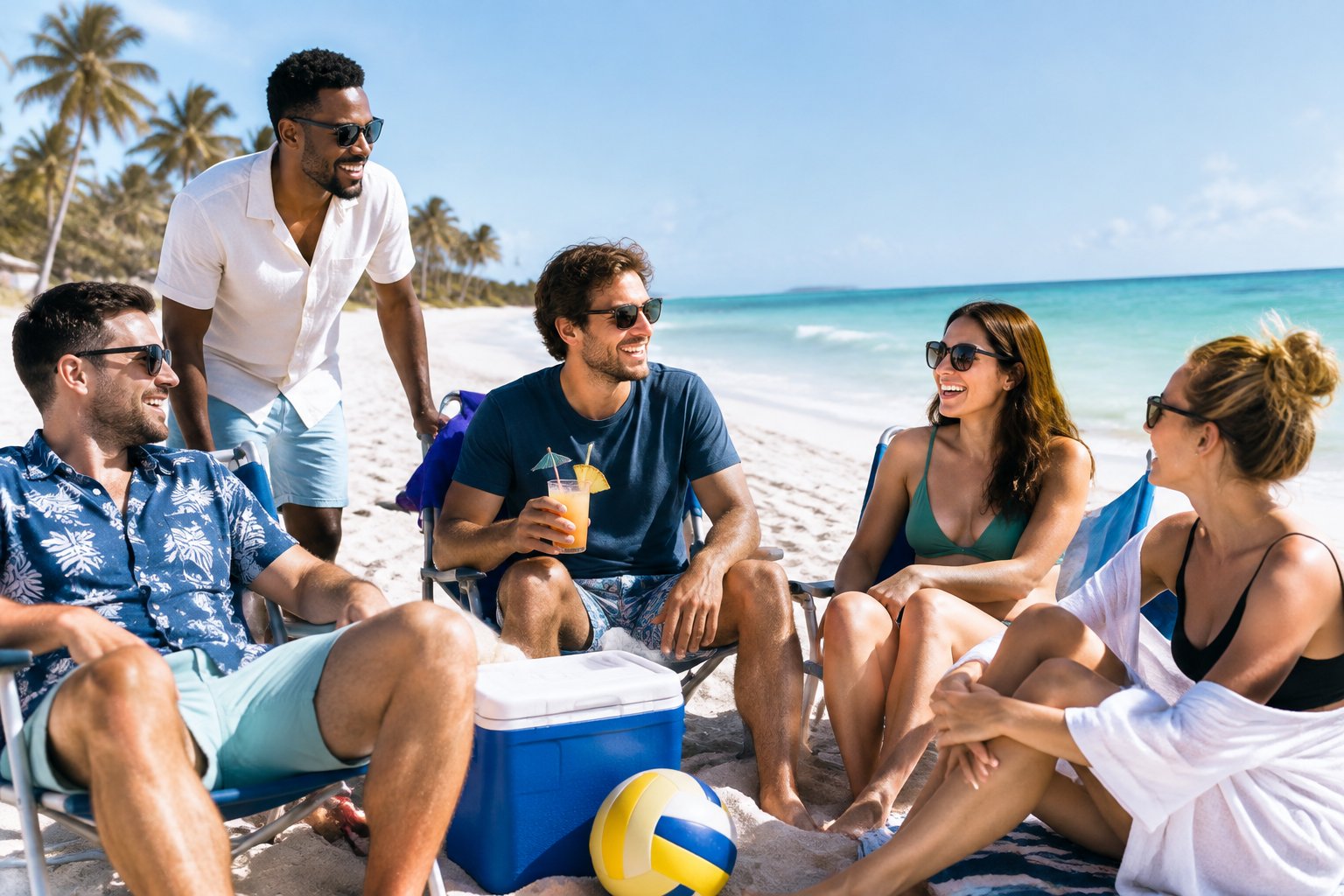 A group of friends enjoying a sunny beach weekend together in Florida.