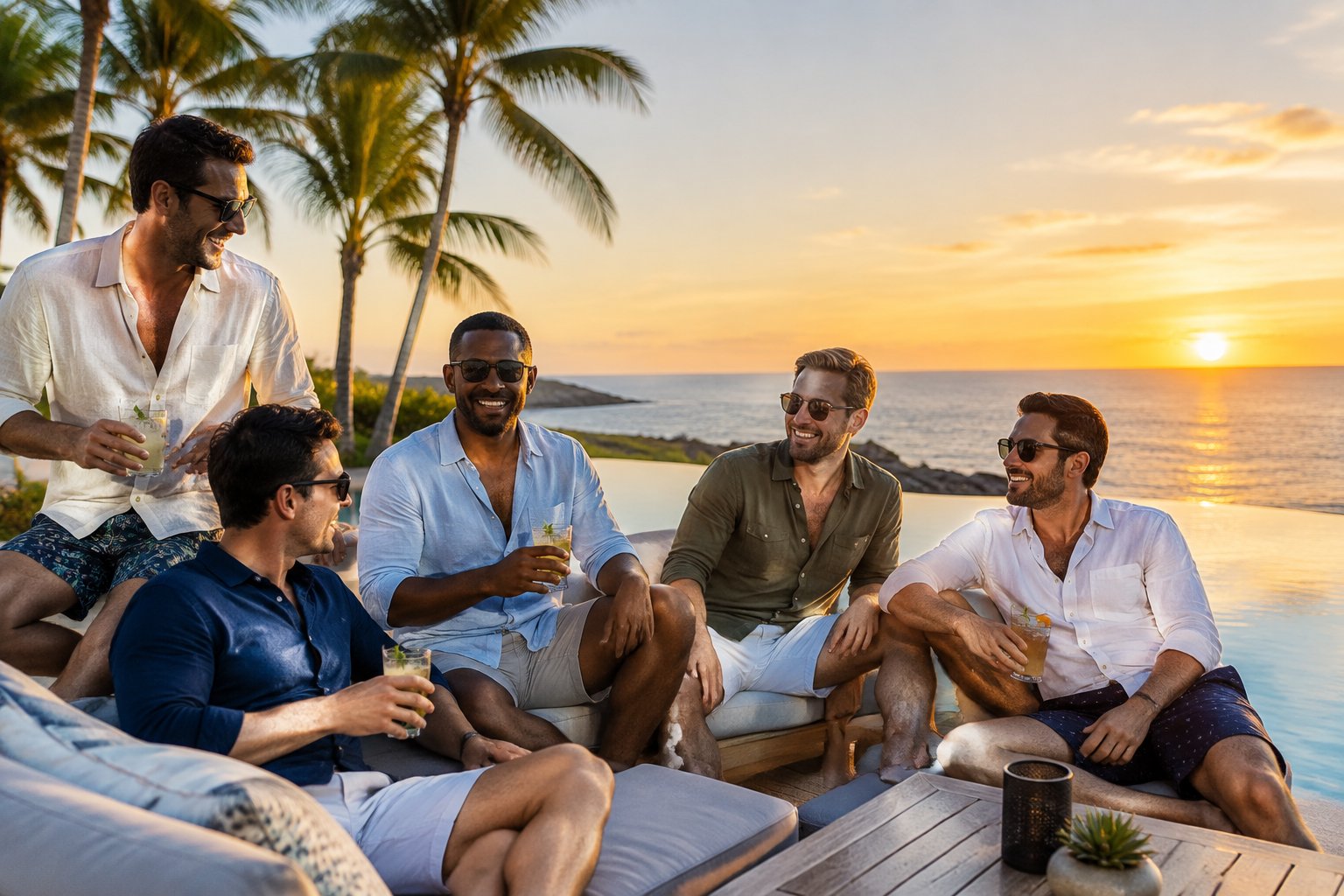 A group of friends enjoying a celebratory vacation at a tropical seaside resort.