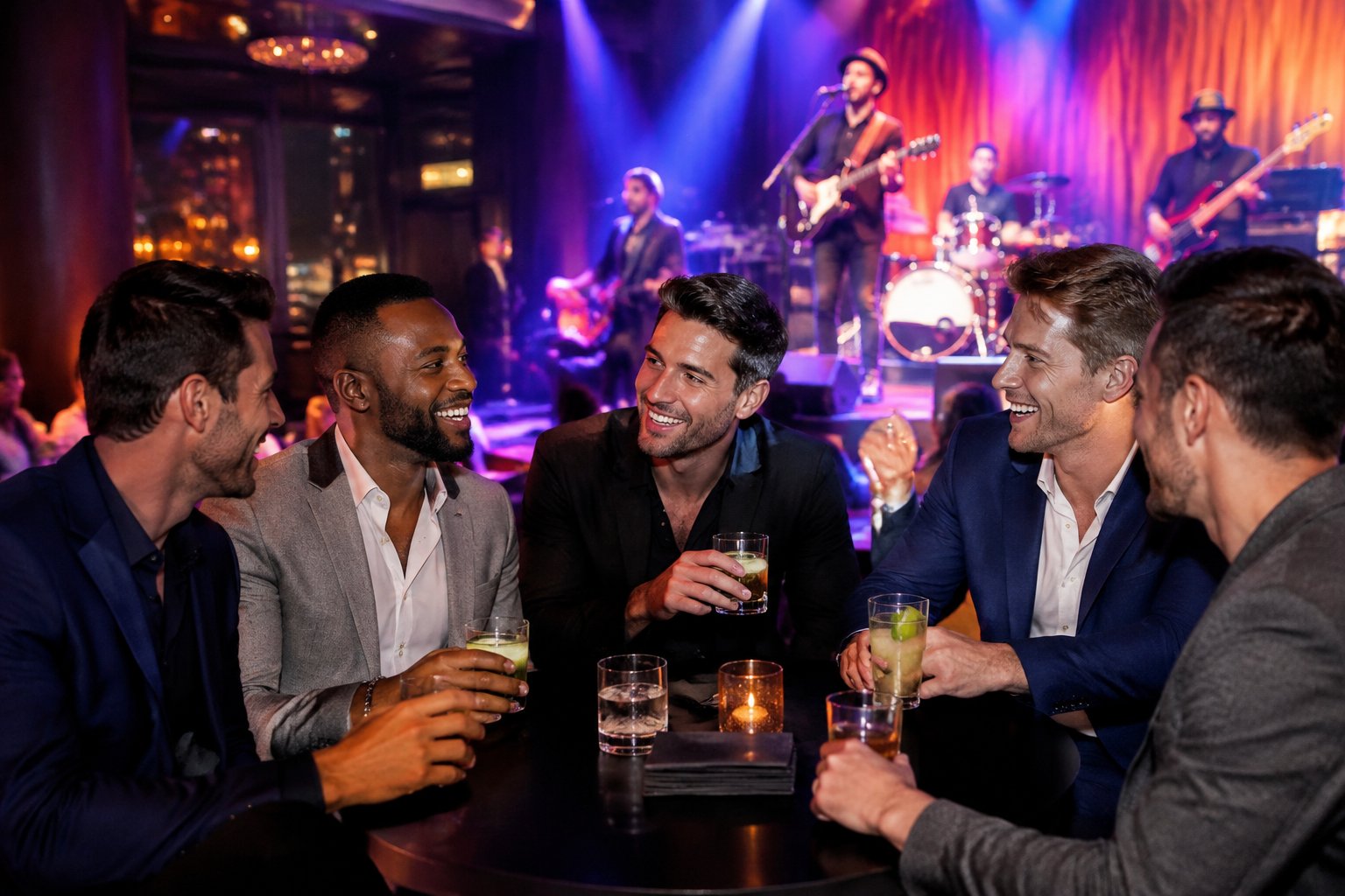 A group of friends enjoying live music together at a lively nightlife venue.