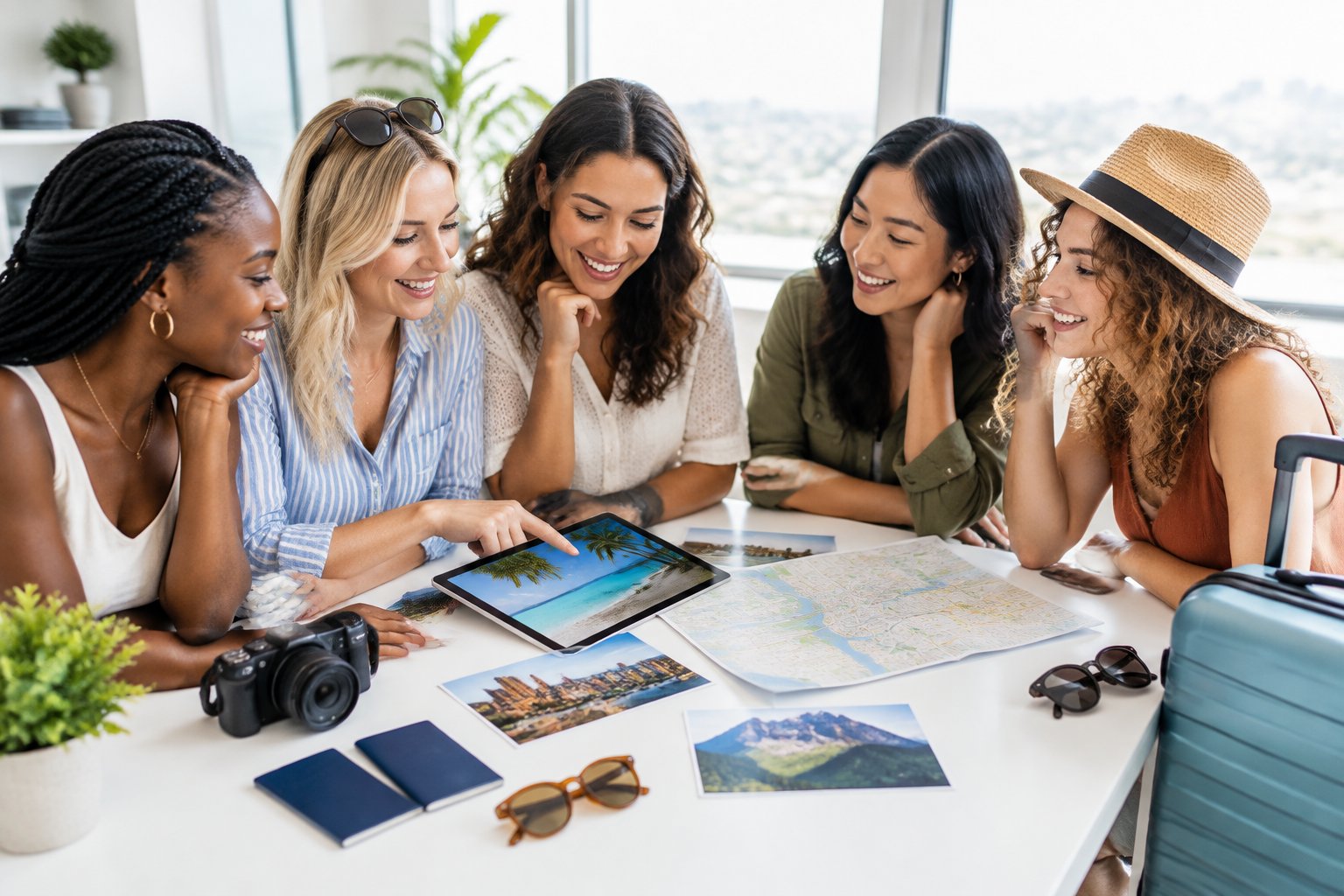 A group of friends compares travel options while planning a bachelorette party.