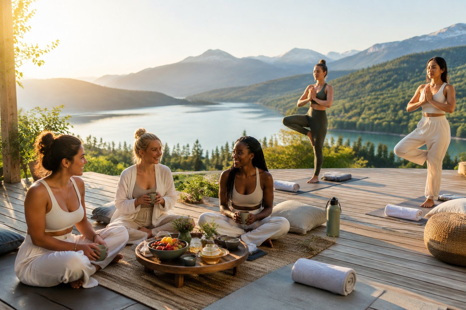 A group of women friends practicing yoga and relaxing on a deck overlooking a green mountain valley and lake.