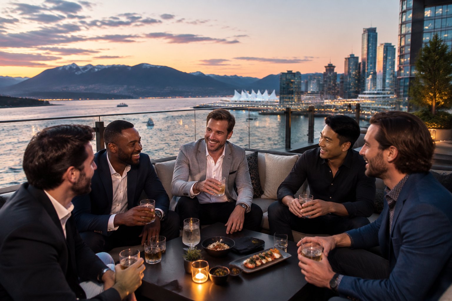 A group of friends celebrating at a Vancouver waterfront venue with the city skyline and mountains behind them.