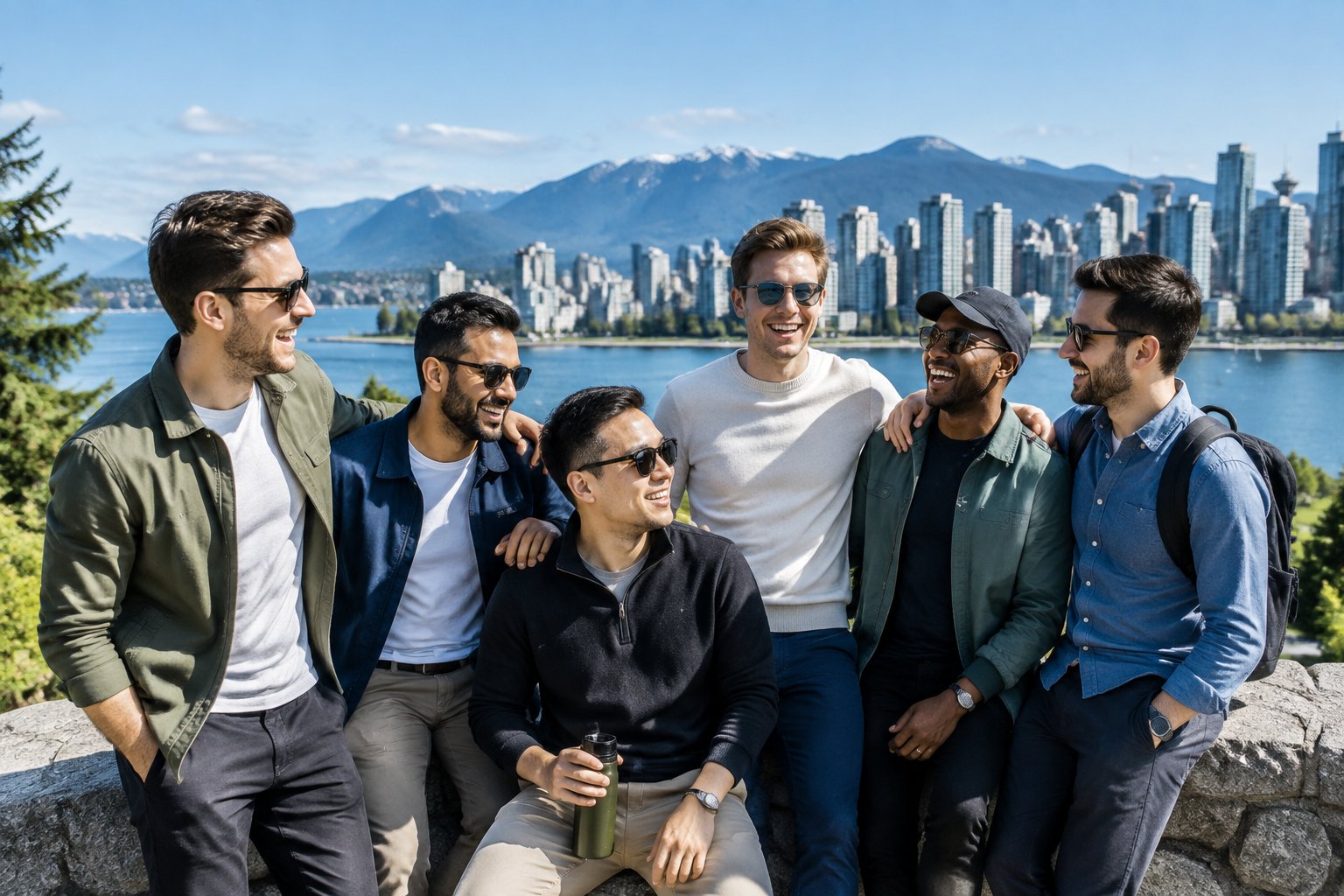 A group of friends celebrates at a Vancouver waterfront viewpoint with the city skyline, harbor, and mountains behind them.
