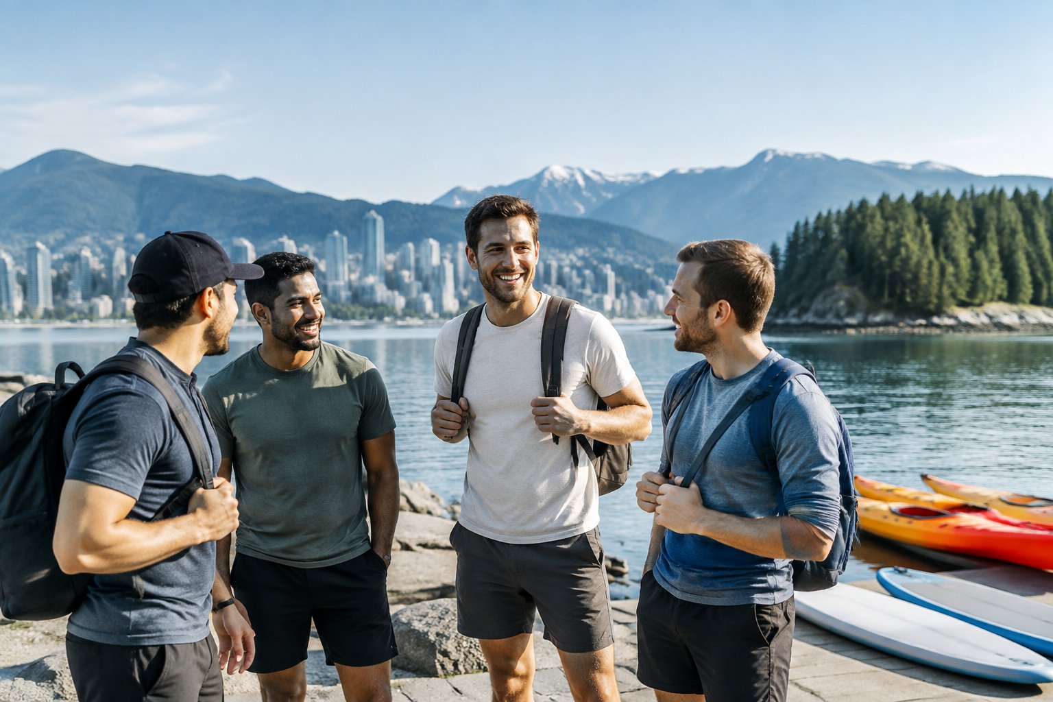 A group of friends enjoying an outdoor activity by Vancouver’s waterfront with mountains in the background.