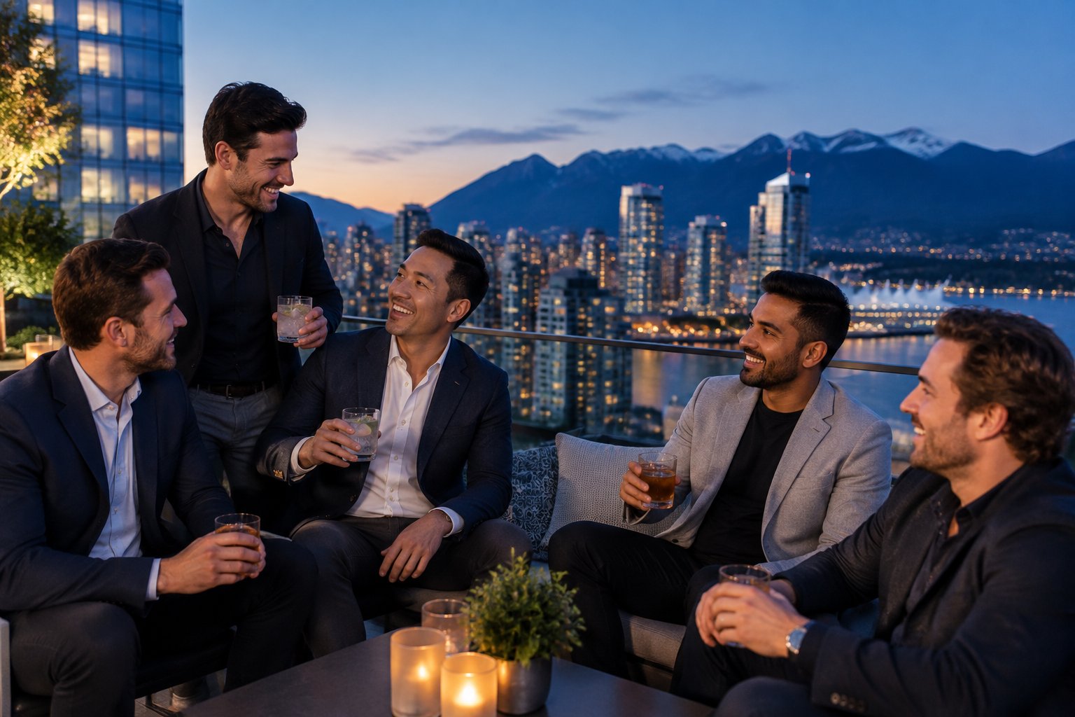 A group of friends celebrating together at an upscale Vancouver rooftop venue with the city skyline and mountains behind them.