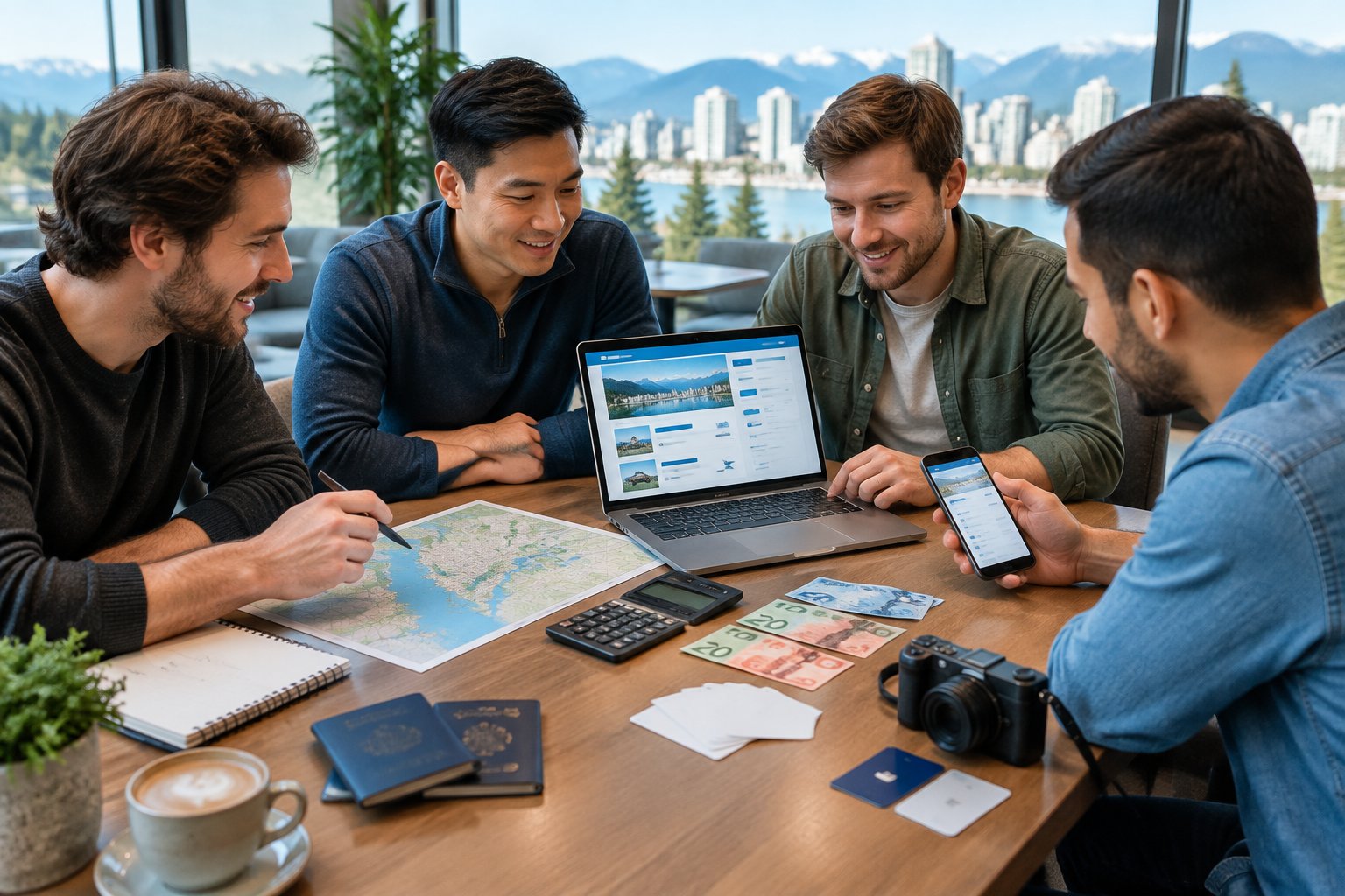 Friends review travel expenses and booking essentials at a café table in Vancouver.