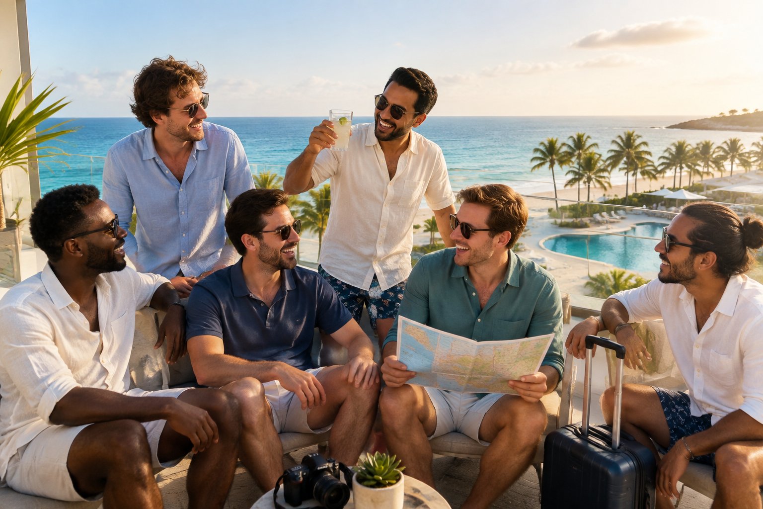 A group of friends celebrating together at a tropical beachfront resort.