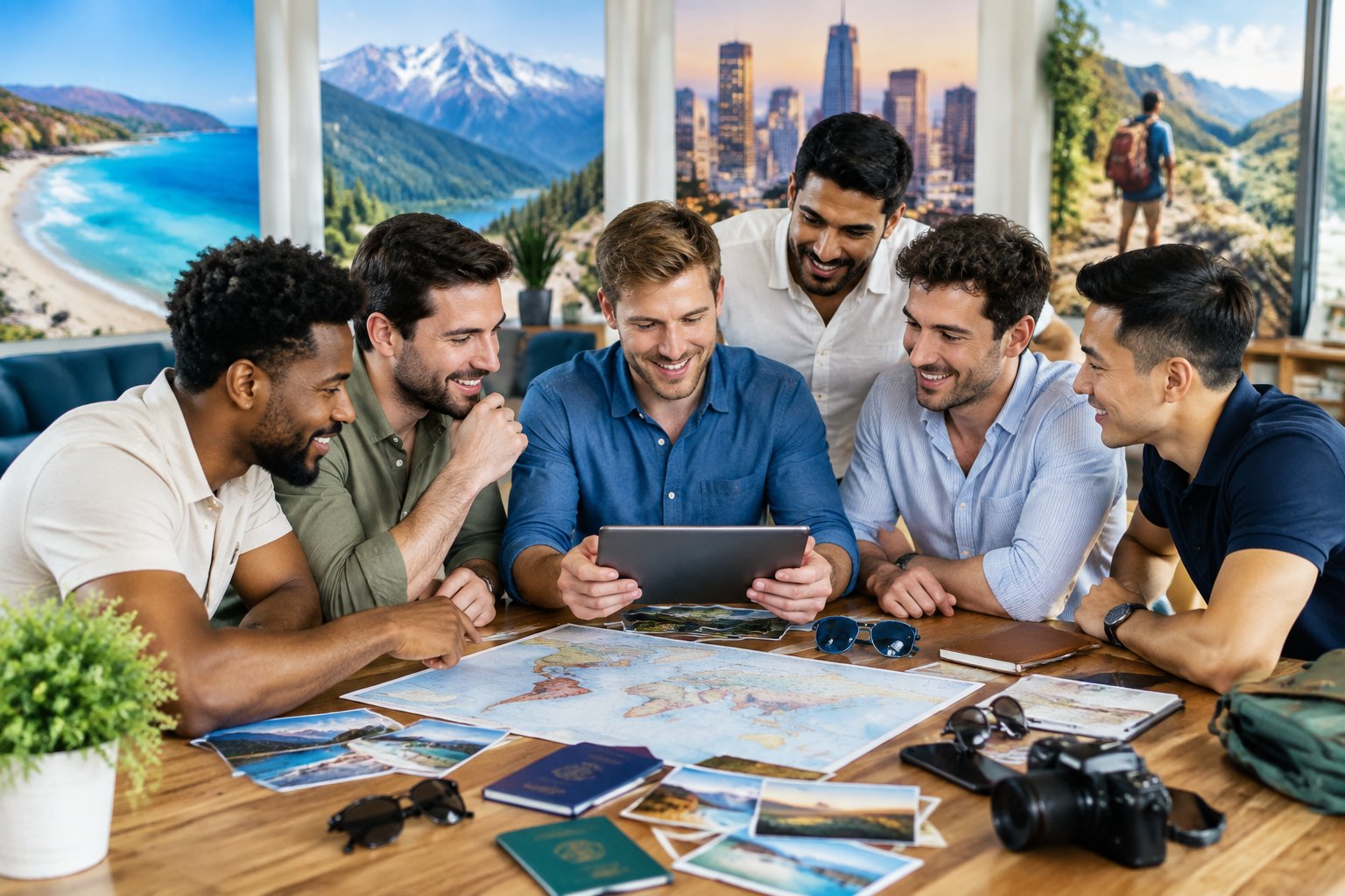 A group of friends compares travel options for a bachelor party getaway around a table.