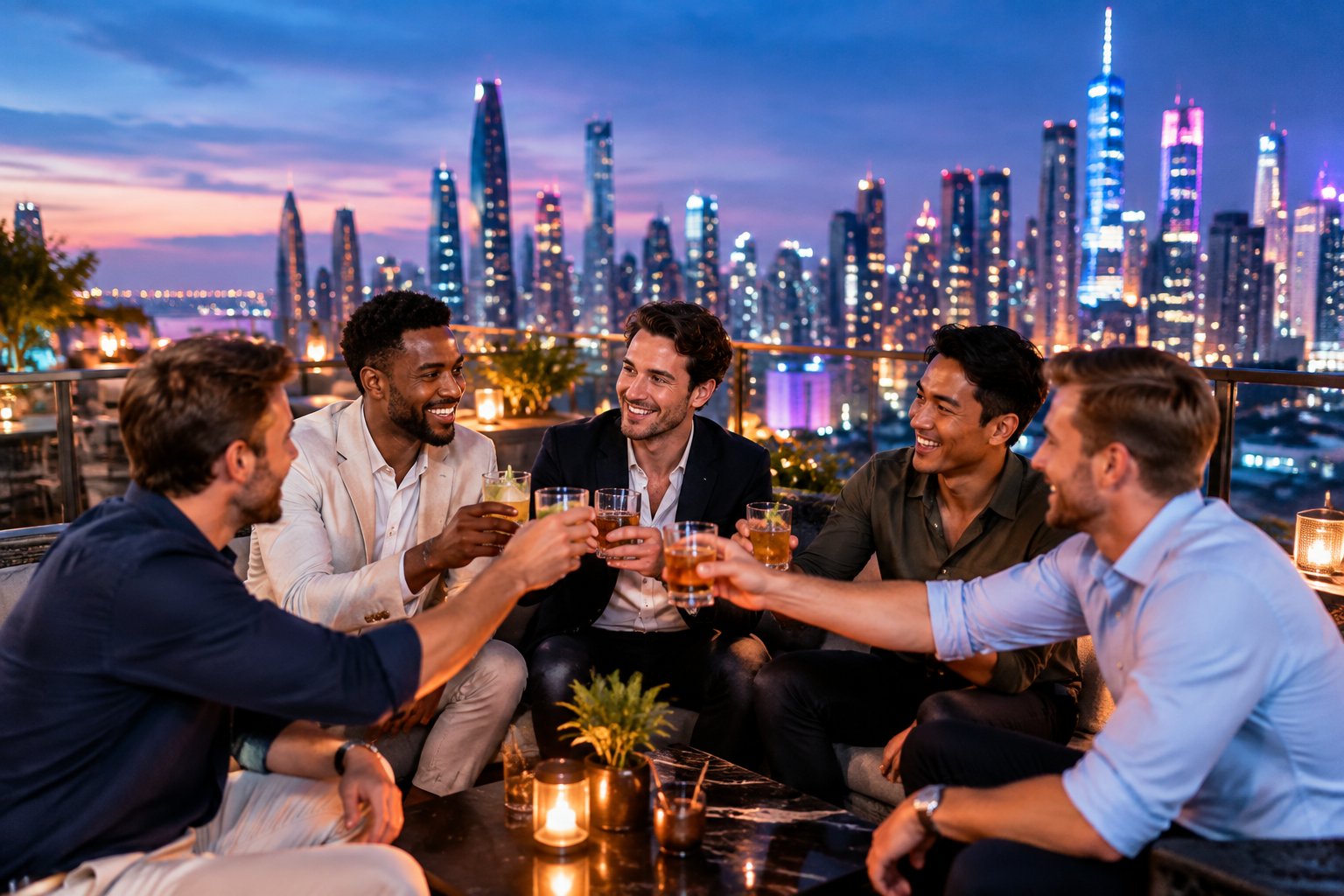 A group of friends celebrates at a rooftop bar overlooking a brightly lit city skyline.
