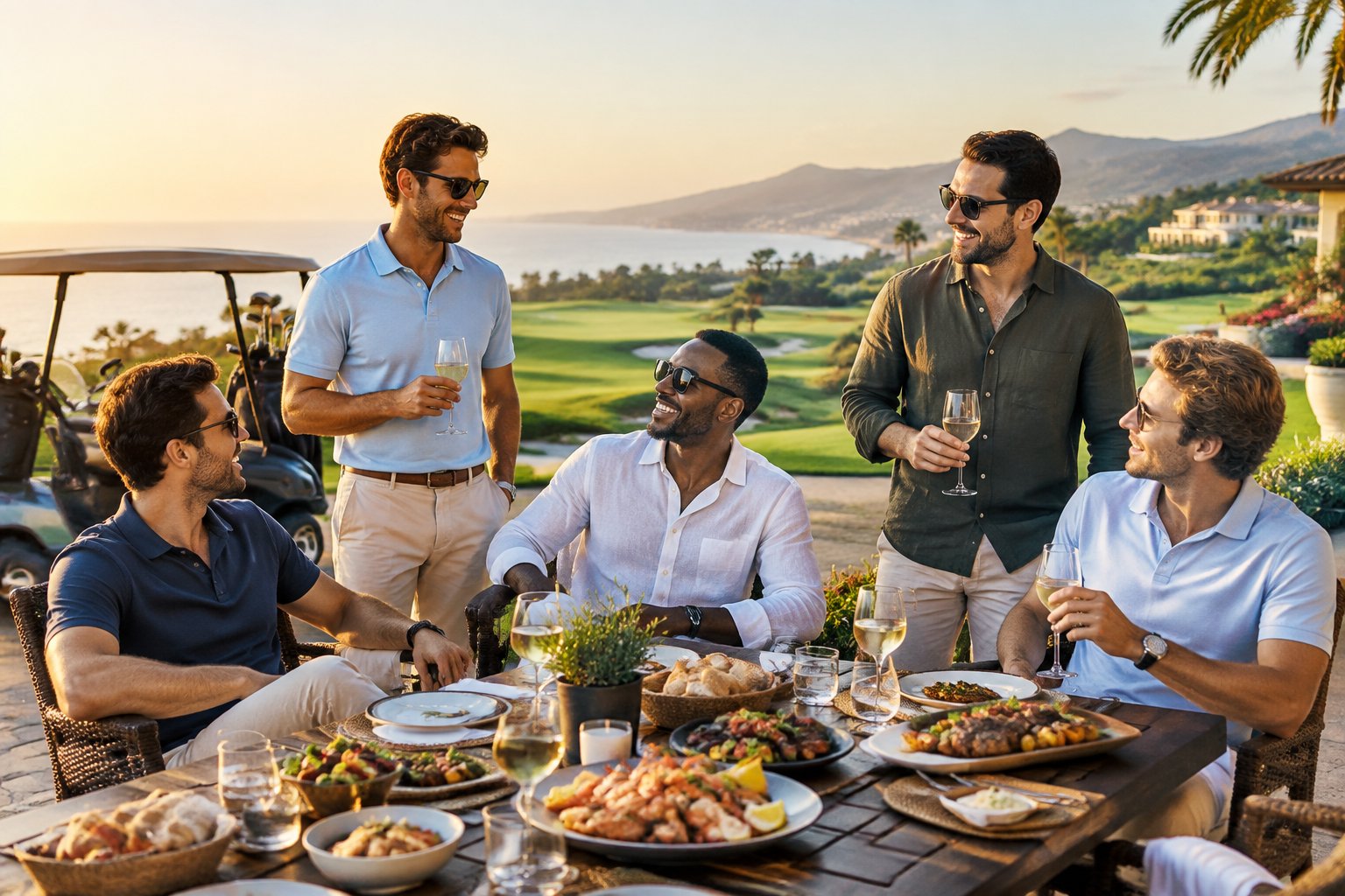 Friends enjoy golf and a gourmet meal at a luxury resort.