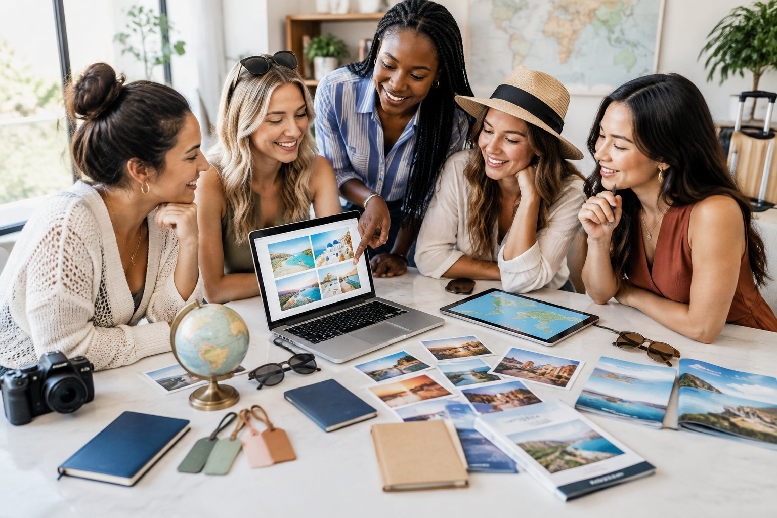 A group of friends compares travel ideas around a table while planning a bachelorette party destination.