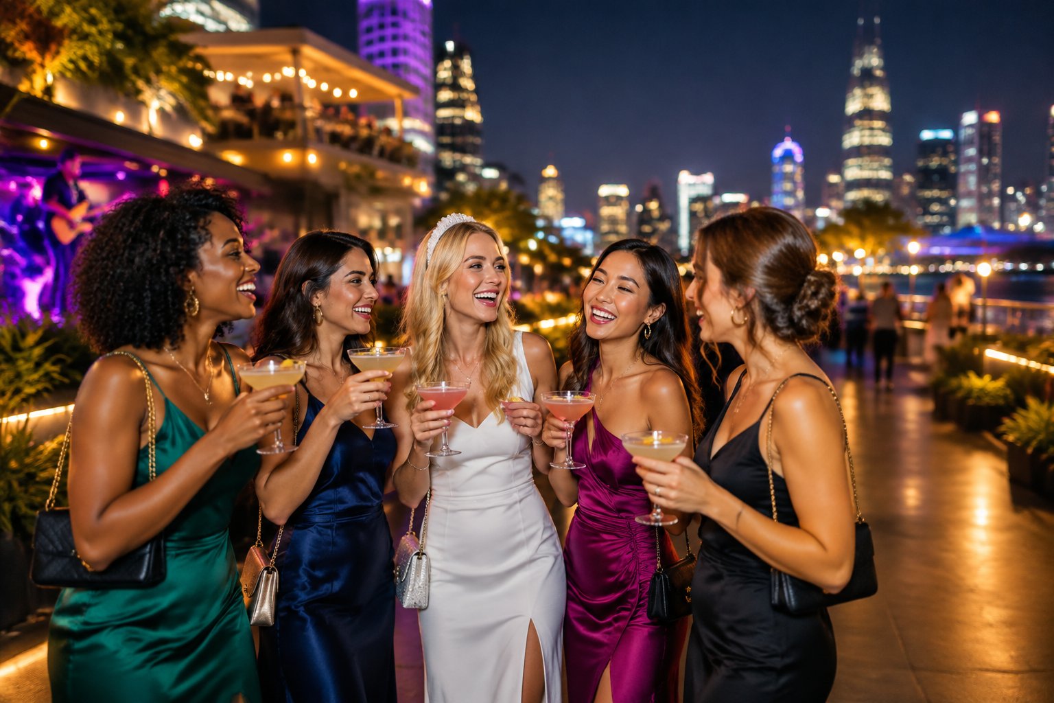 A group of women celebrating together outside a lively nightlife venue at night.