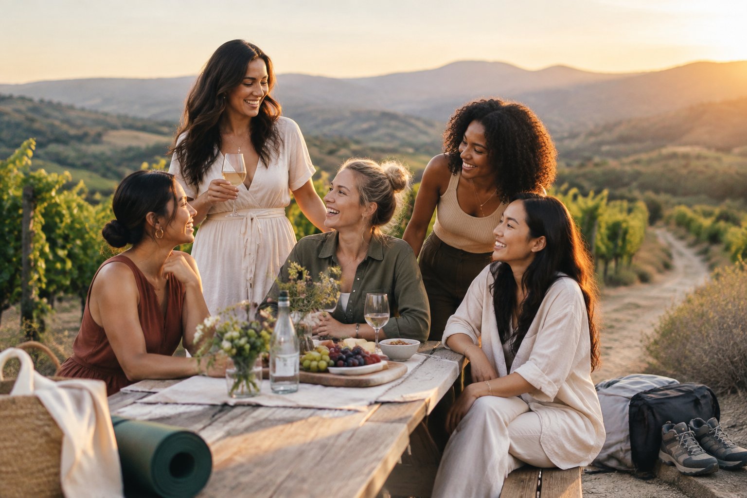 A group of friends celebrates together at a scenic vineyard wellness retreat surrounded by hills.