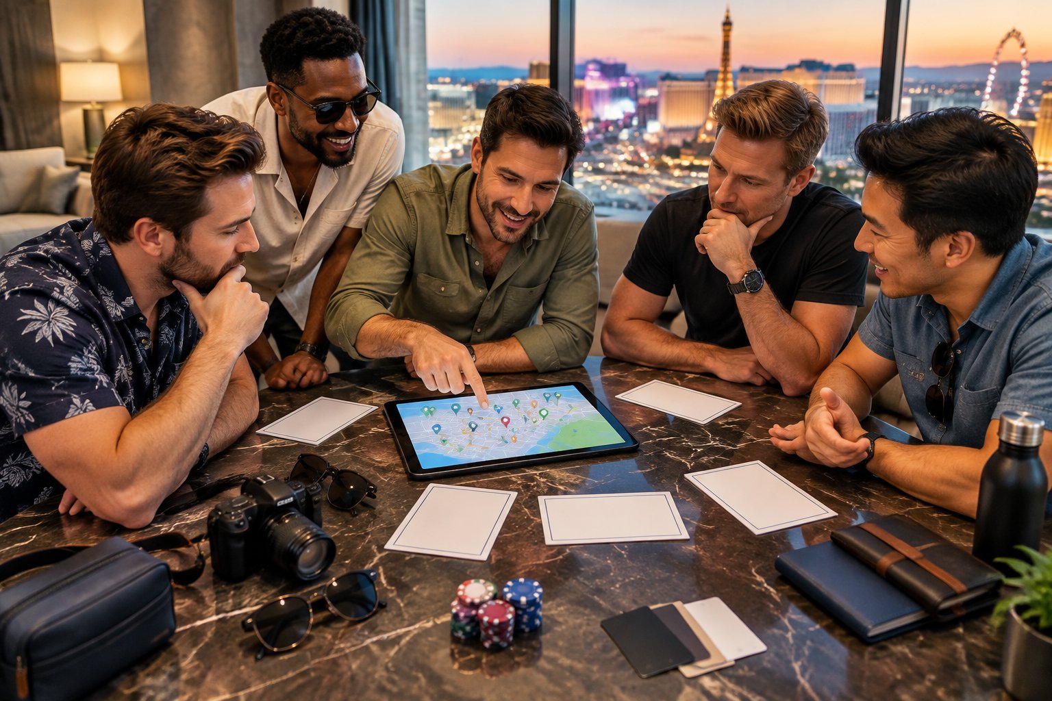 A group of friends plans a Las Vegas bachelor party around a table with a map, travel accessories, and blank itinerary cards.
