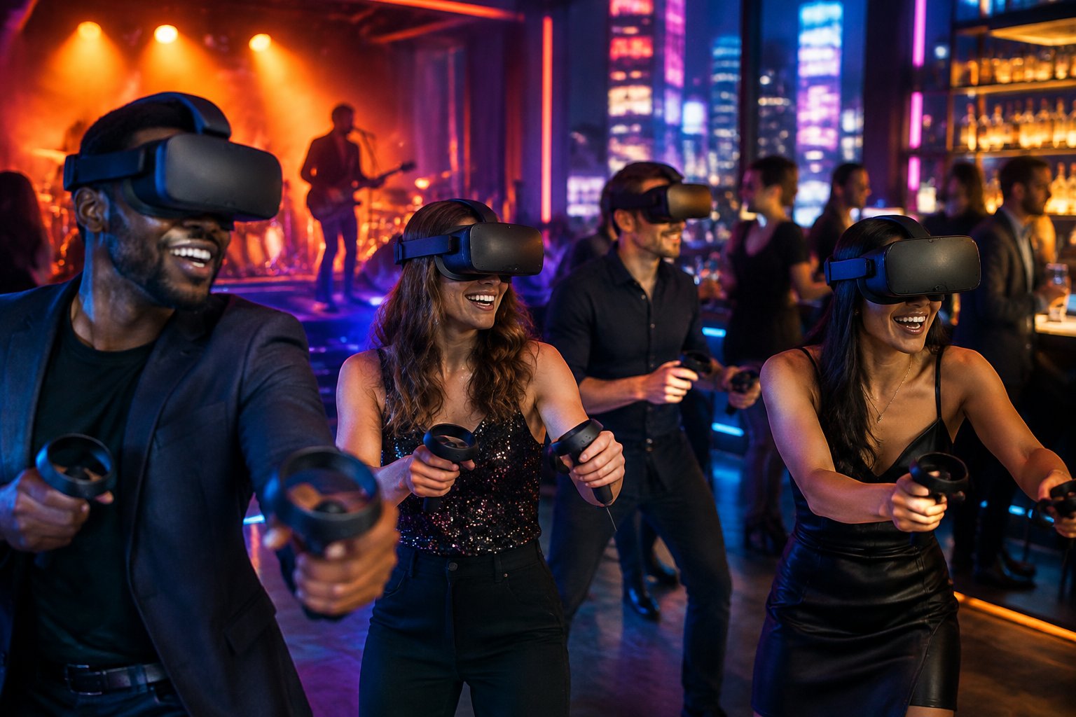 Friends enjoy virtual reality and live music during a lively city night out.