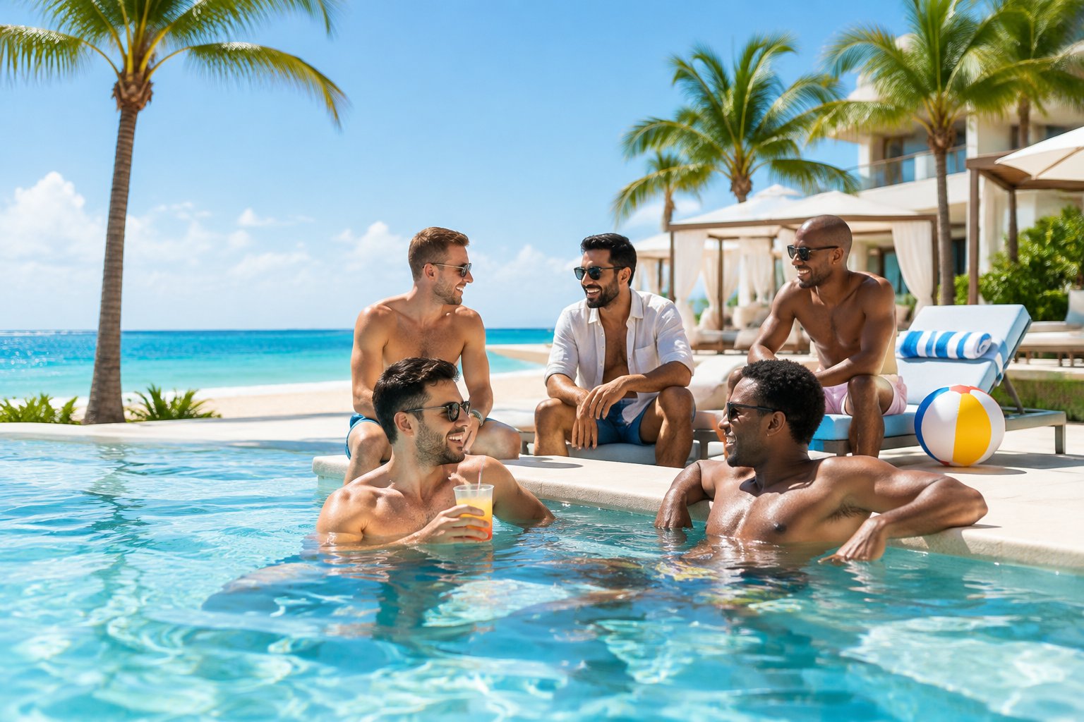 A group of friends relaxing together at a tropical resort pool beside a sandy beach.