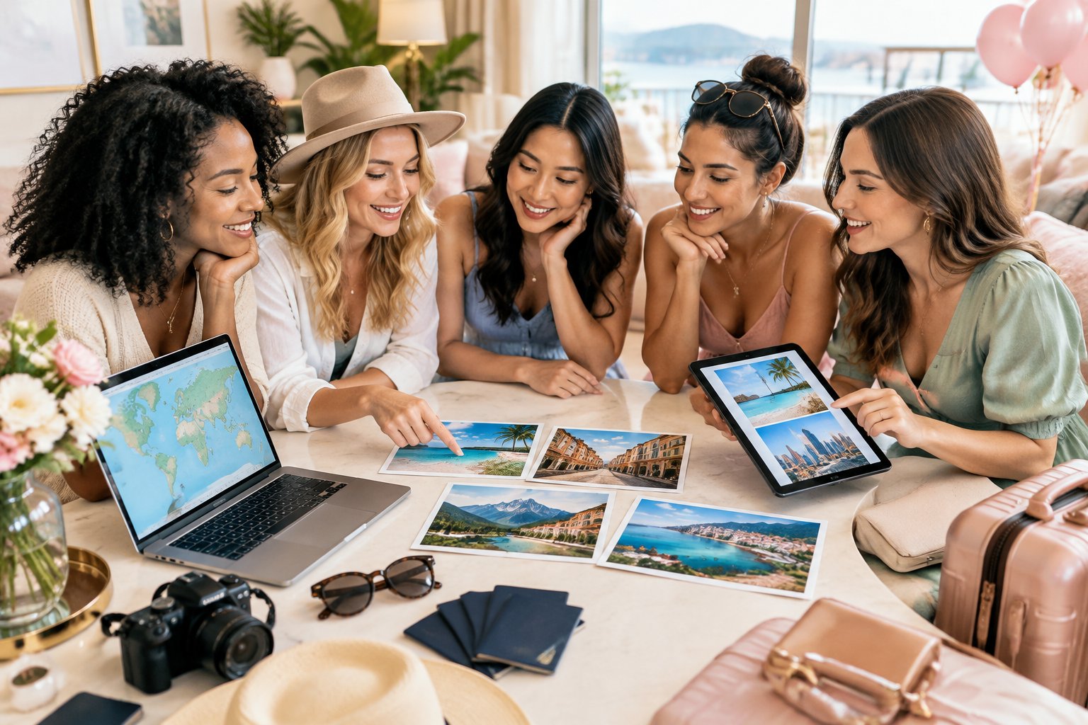 A group of friends compares travel ideas and plans a bachelorette getaway around a table.