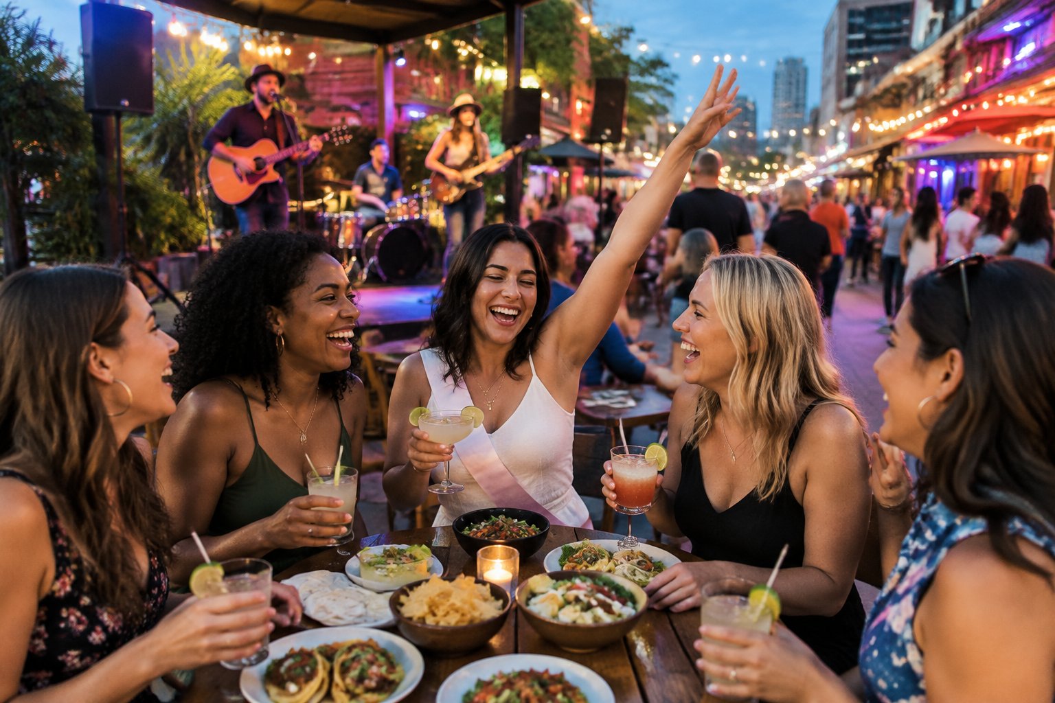 Friends enjoy affordable food, live music, and nightlife together in a lively city district.