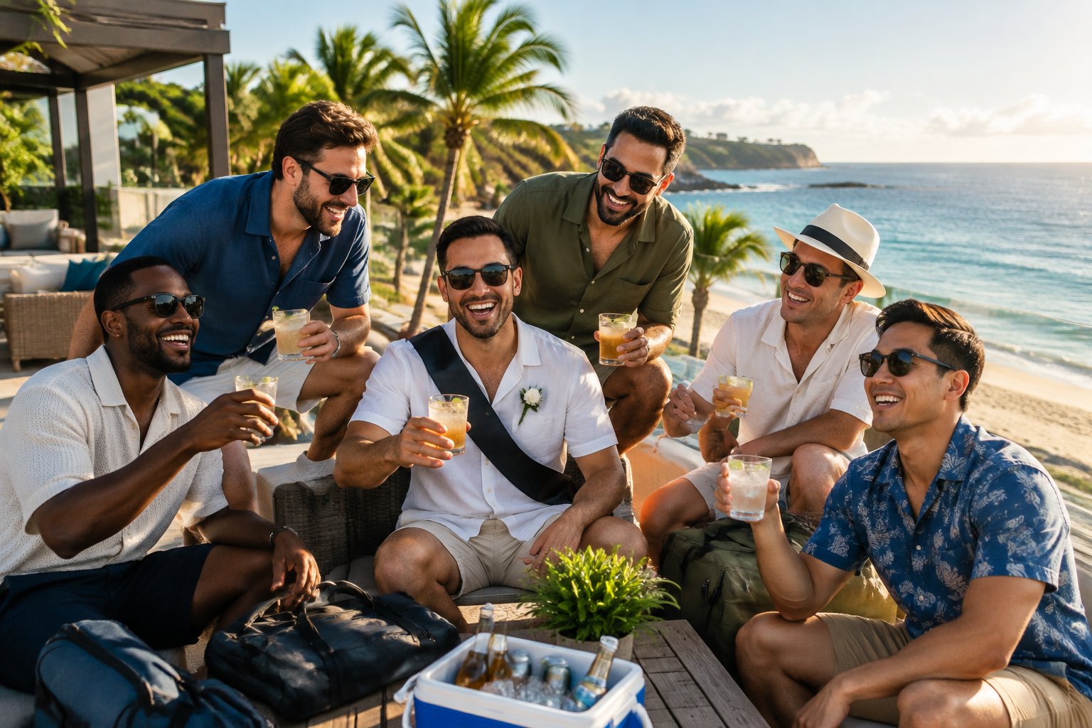 A group of friends celebrating a bachelor party at a sunny coastal resort.