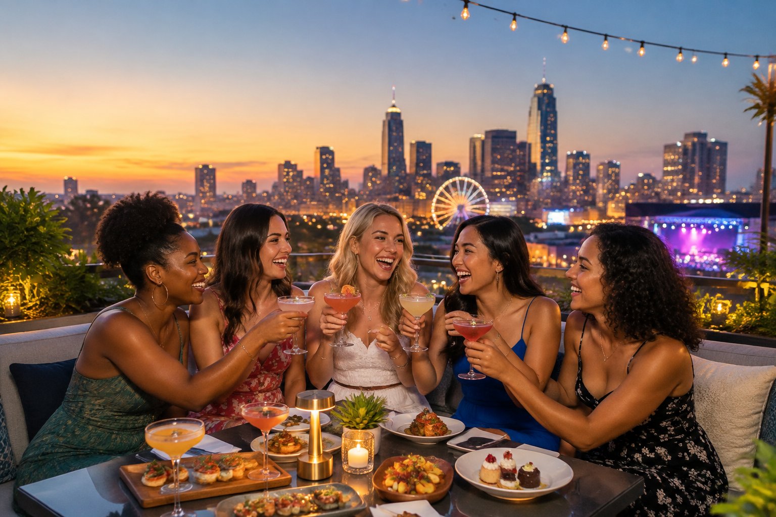 A group of friends celebrates with cocktails and gourmet food on a city rooftop at sunset.