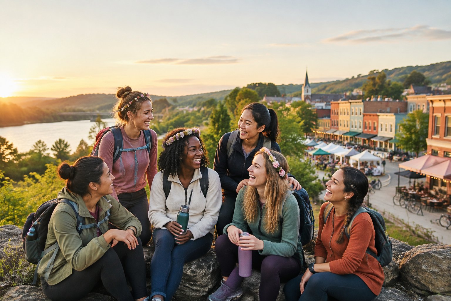 A diverse group of friends celebrates outdoors near a scenic small town with historic buildings and a local market.