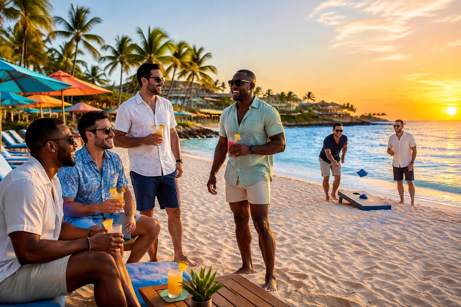 A group of friends celebrates together on a sunny Caribbean beach near a beachfront resort.
