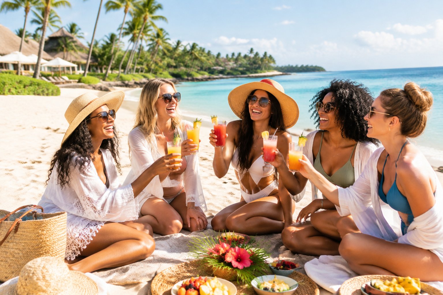 A group of women celebrating together on a sunny tropical beach.